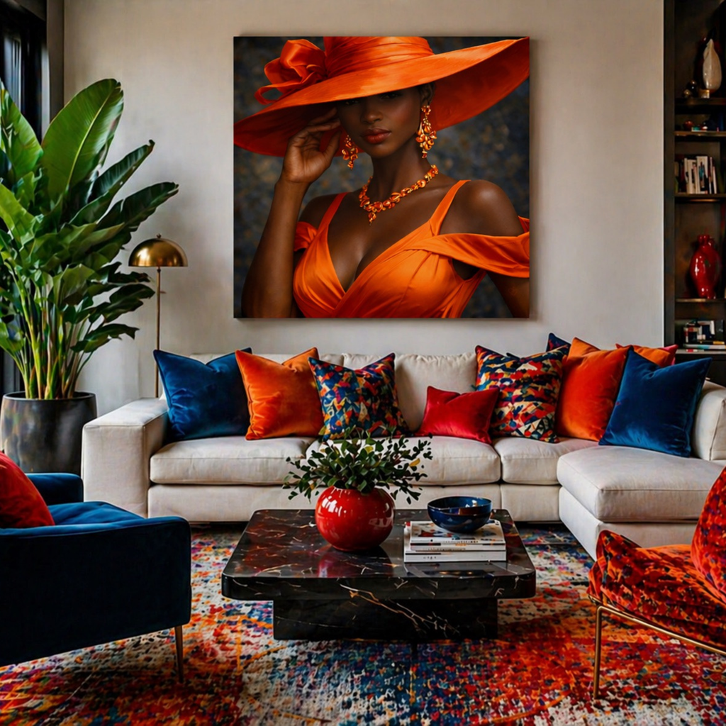 Elegant woman canvas art in orange tones styled in a contemporary living room interior