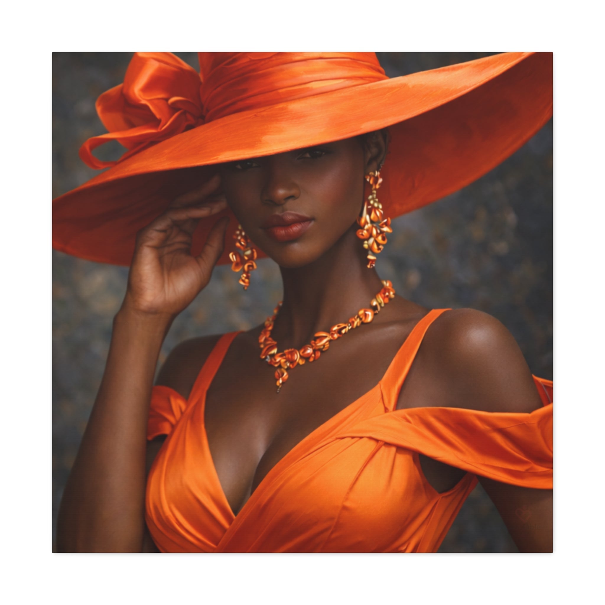 Modern wall art of woman wearing an orange dress and hat with matching jewelry against a dark background by Relatable Designs.