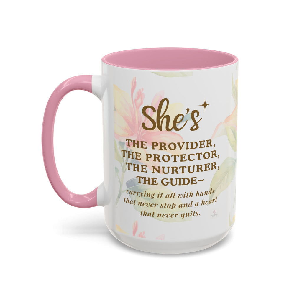 Mug with floral design and inspirational motherhood text on a white background