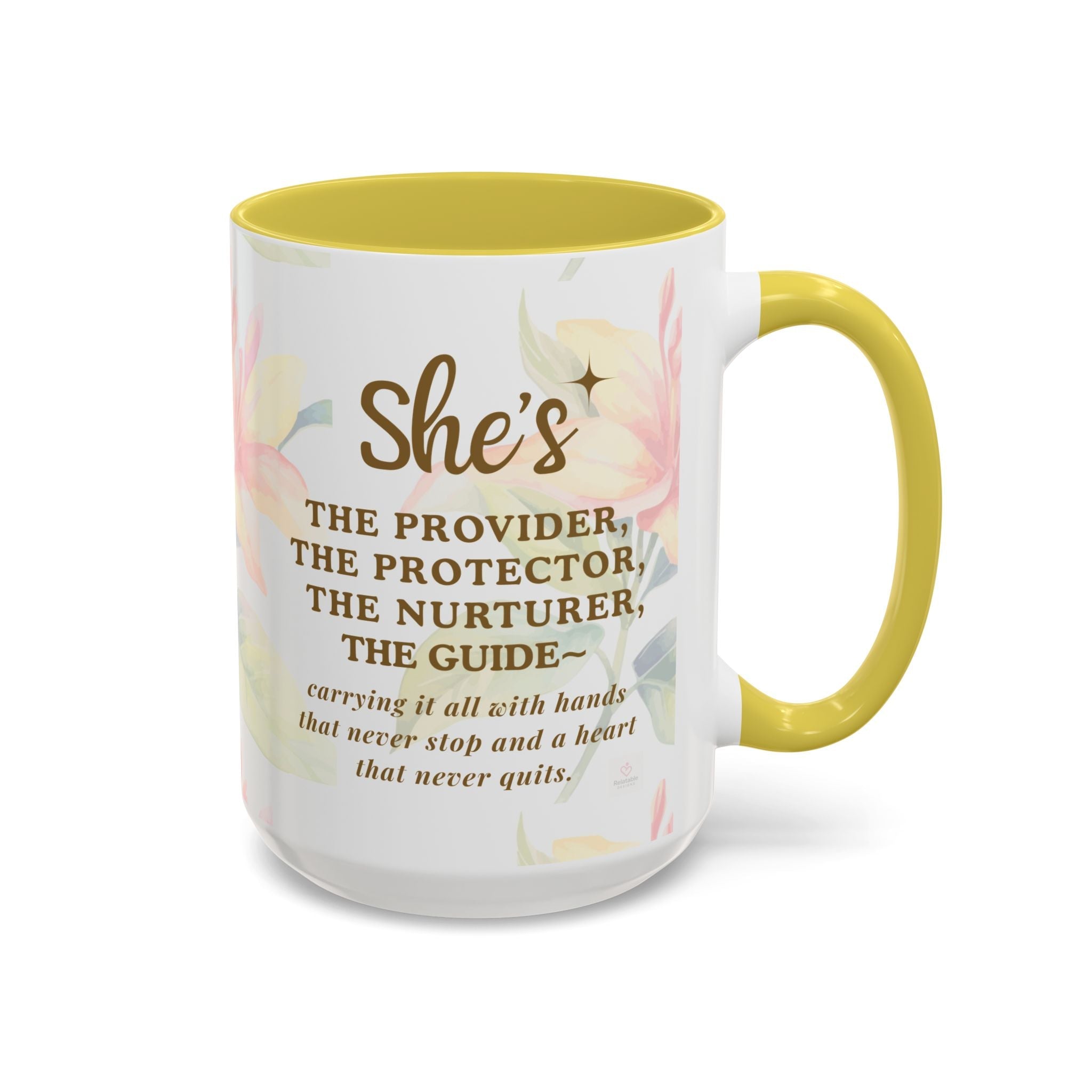 Ceramic floral mug with yellow handle and motherhood quote design for coffee or tea