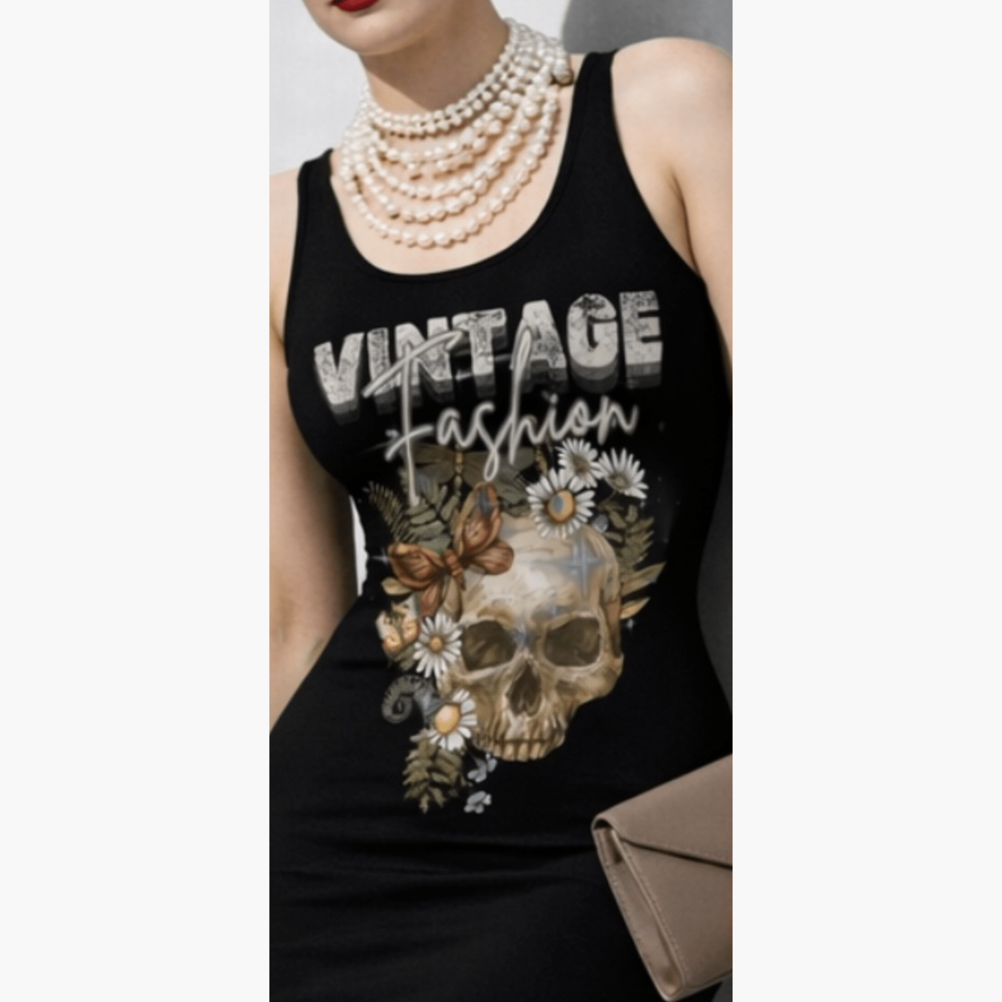 Relatable Designs black tank dress with vintage skull graphic detail bold design close-up mock-up