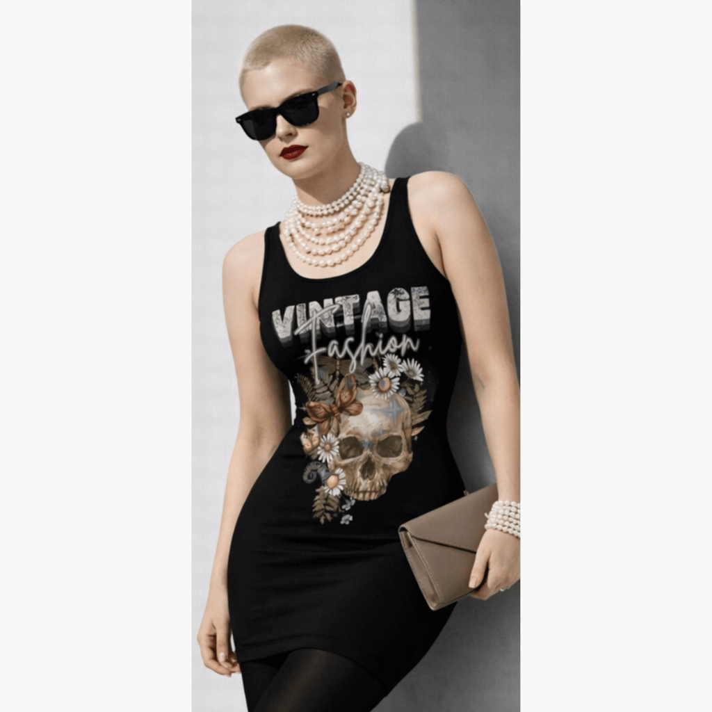 Relatable Designs vintage skull graphic tank dress styled with casual edgy outfit women's fashion mock up