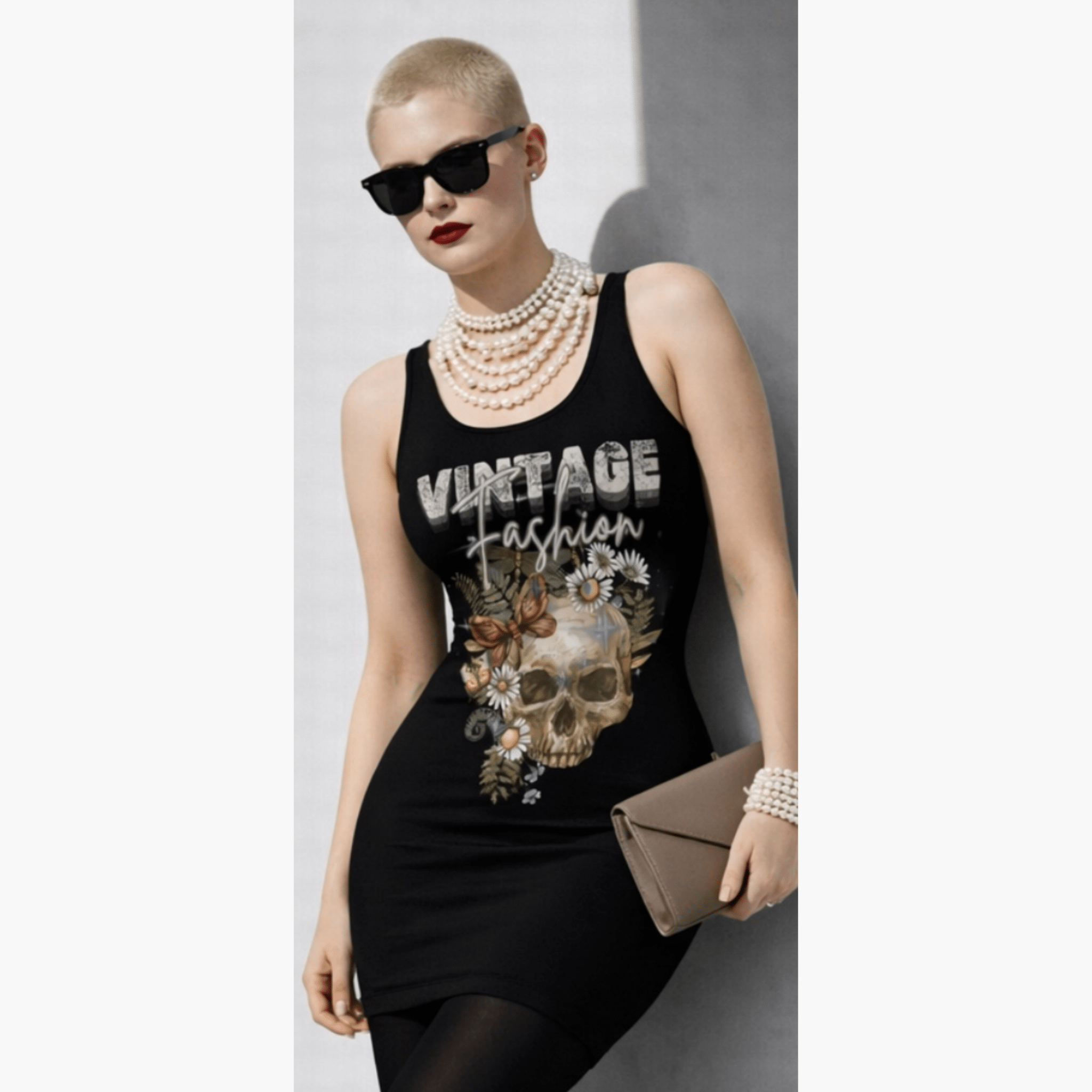 Relatable Designs vintage skull graphic tank dress styled with casual edgy outfit women's fashion mock up