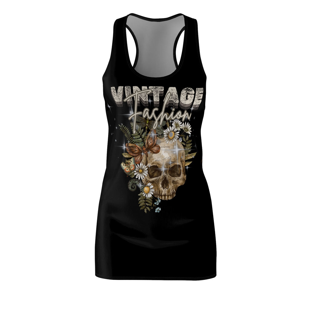Relatable Designs black tank dress with vintage skull graphic bold statement dress front view product mock-up