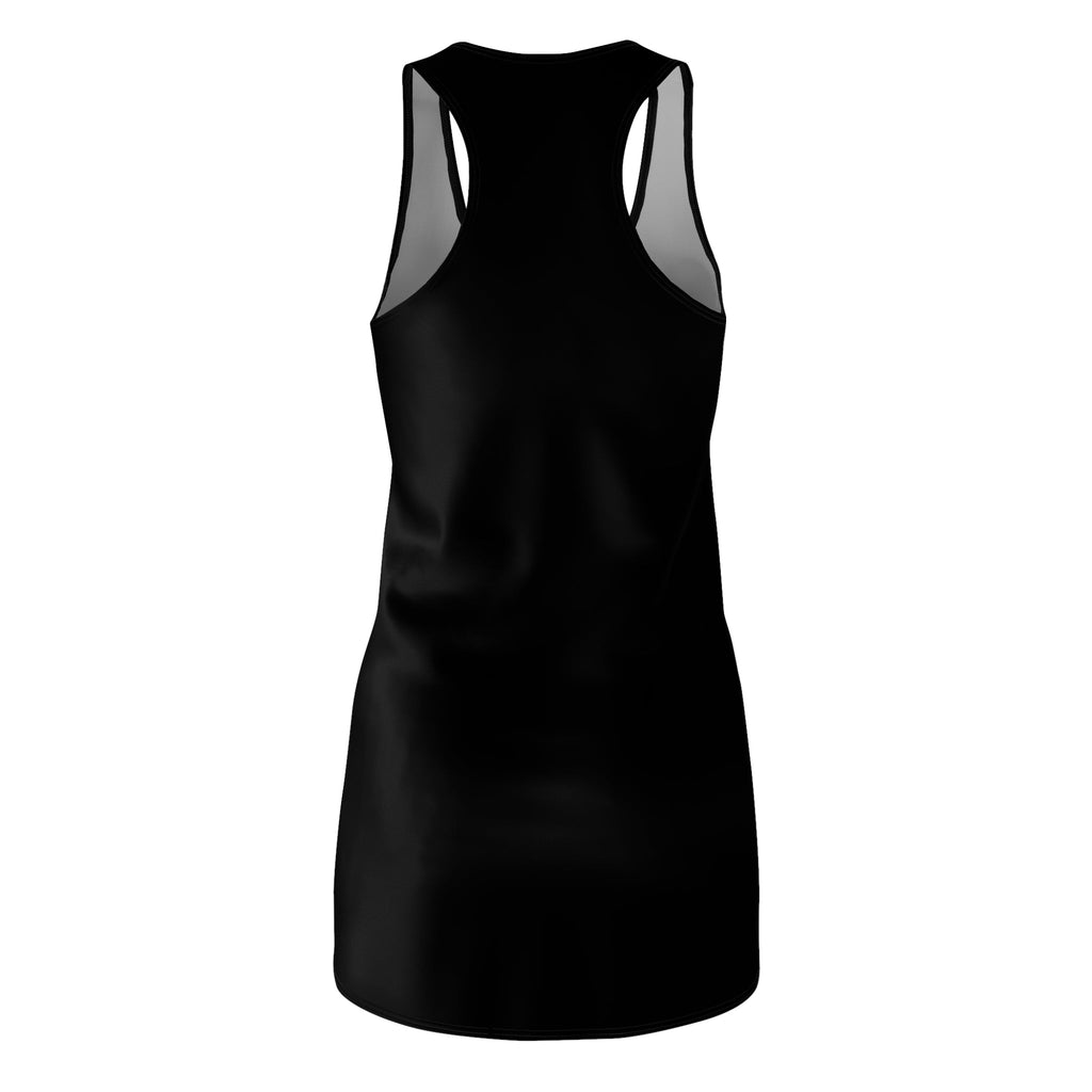 Relatable Designs Back View of Skull Floral Black tank dress with mesh panels on a white background.