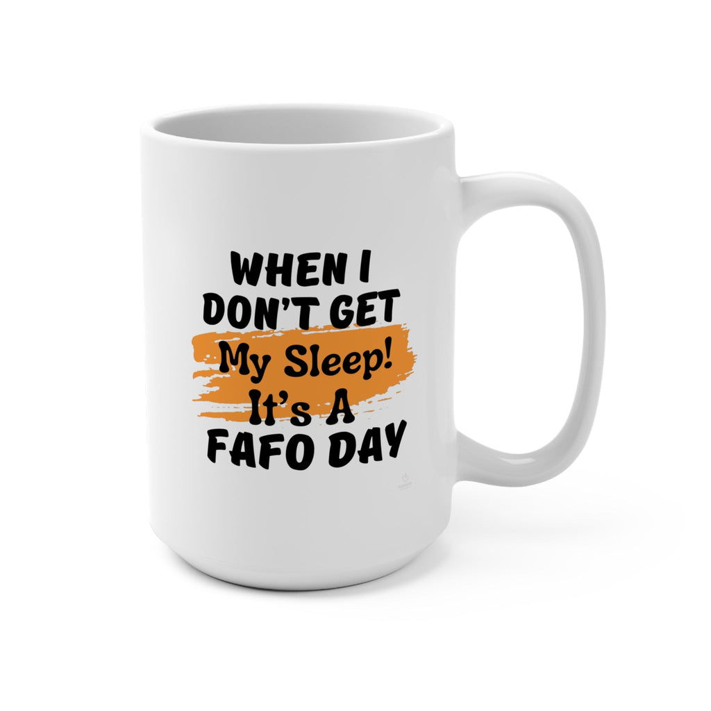 White ceramic mug with humorous text design of orange highlight on a white background by Relatable Designs