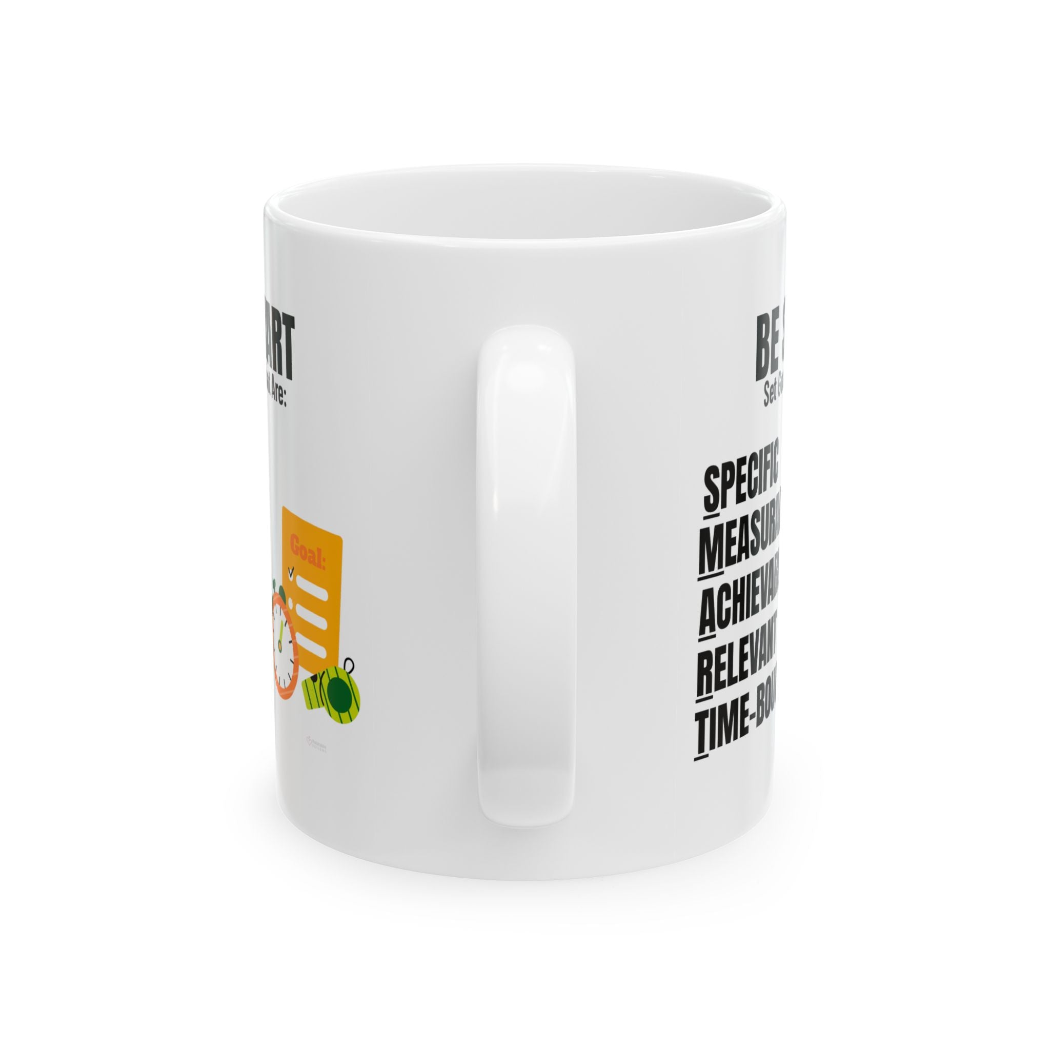 White motivational SMART GOALS coffee cup with text and icons on a white background. Side View.