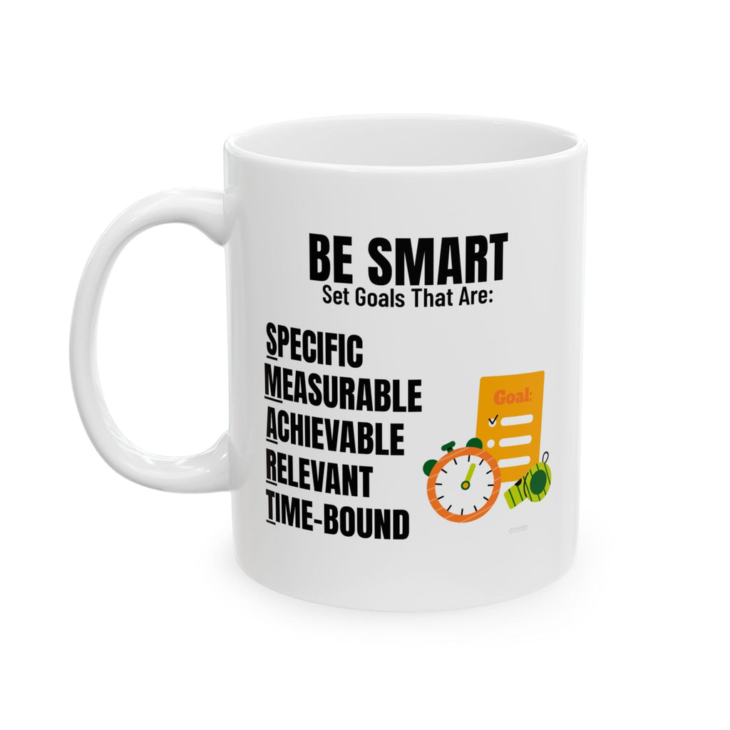 White ceramic SMART goals mug with motivational quote and icons on a white background