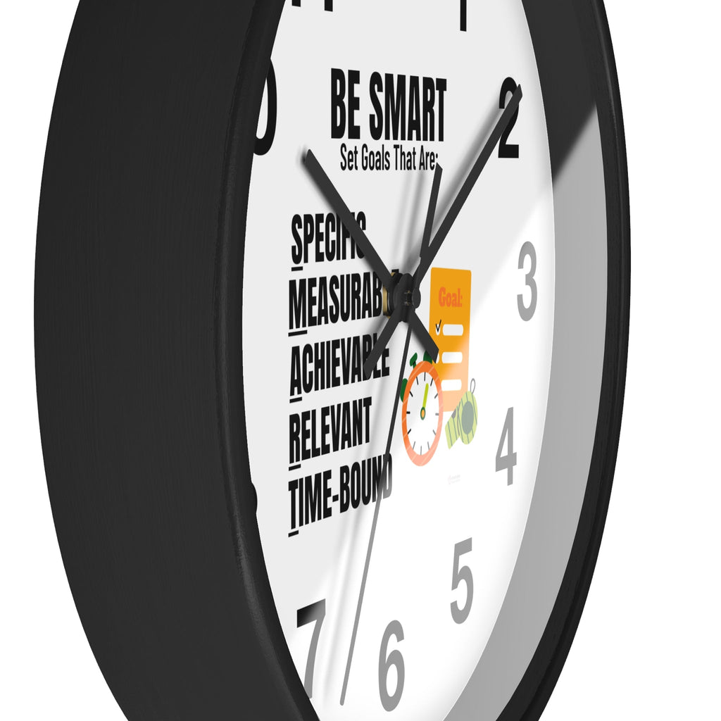 Wall clock with 'Be Smart' motivational quote side view on a white background
