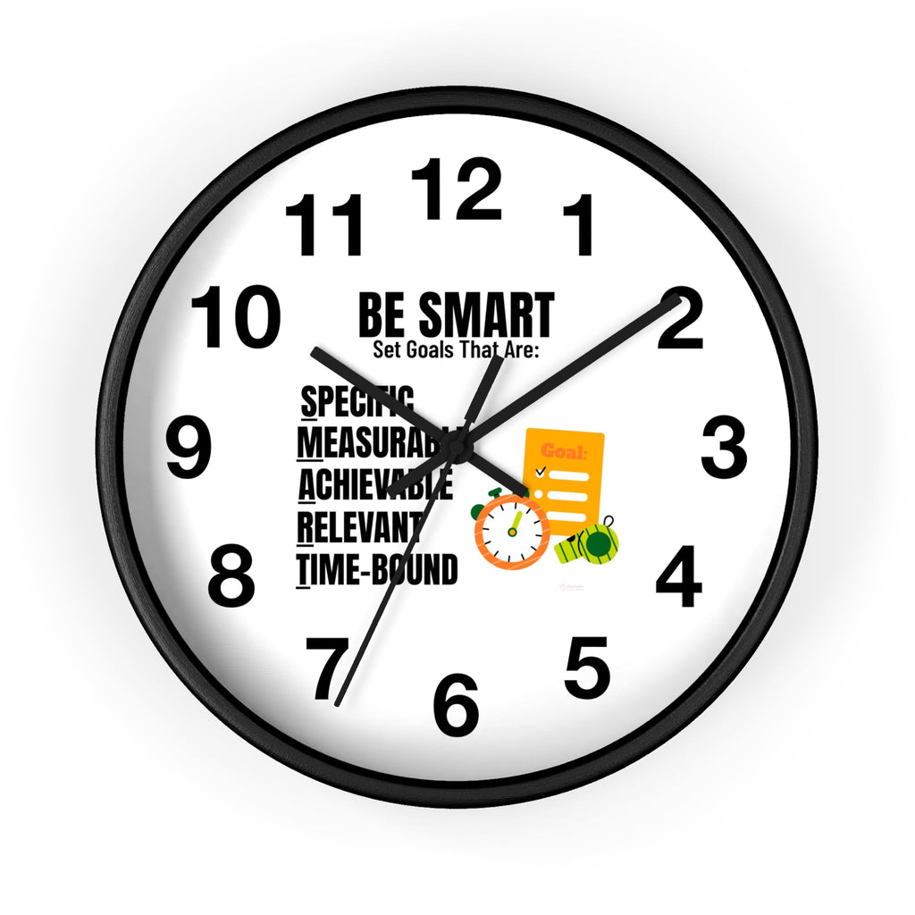 Clock with 'Be Smart' goal-setting principles on a white background by Relatable Designs.