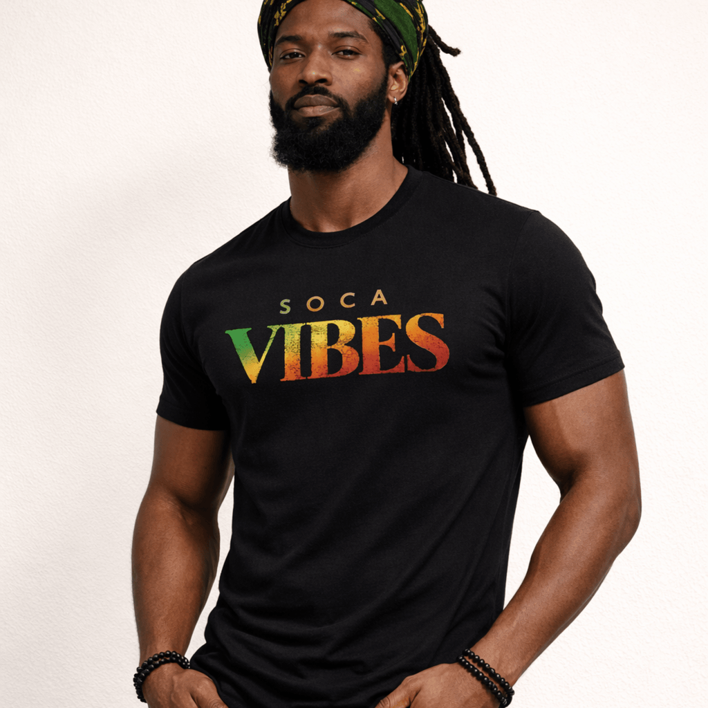 Male model wearing a black t-shirt with 'Soca Vibes' text in Rastafarian colors on a white background