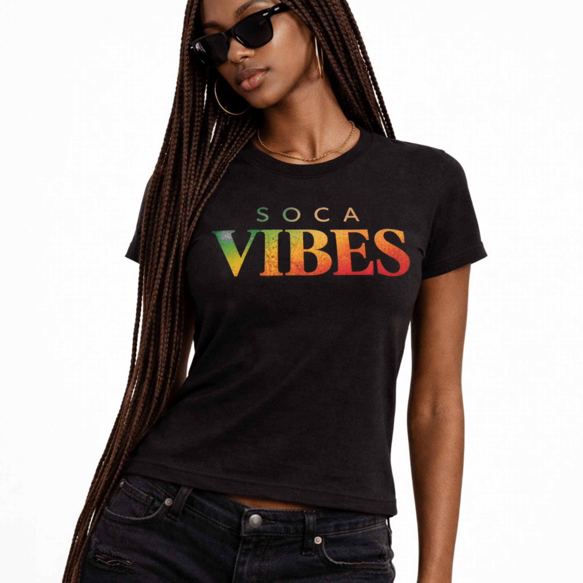 Female model wearing a black t-shirt with 'Soca Vibes' text and black sunglasses in colorful letters on a white background 