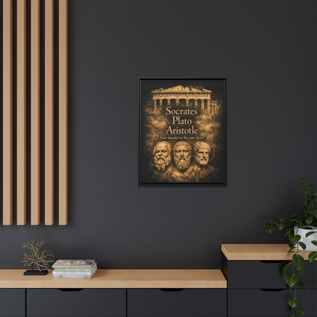 Framed artwork with classical figures of Socrates, Plato, and Aristotle and text on a dark wall above a wooden shelf.