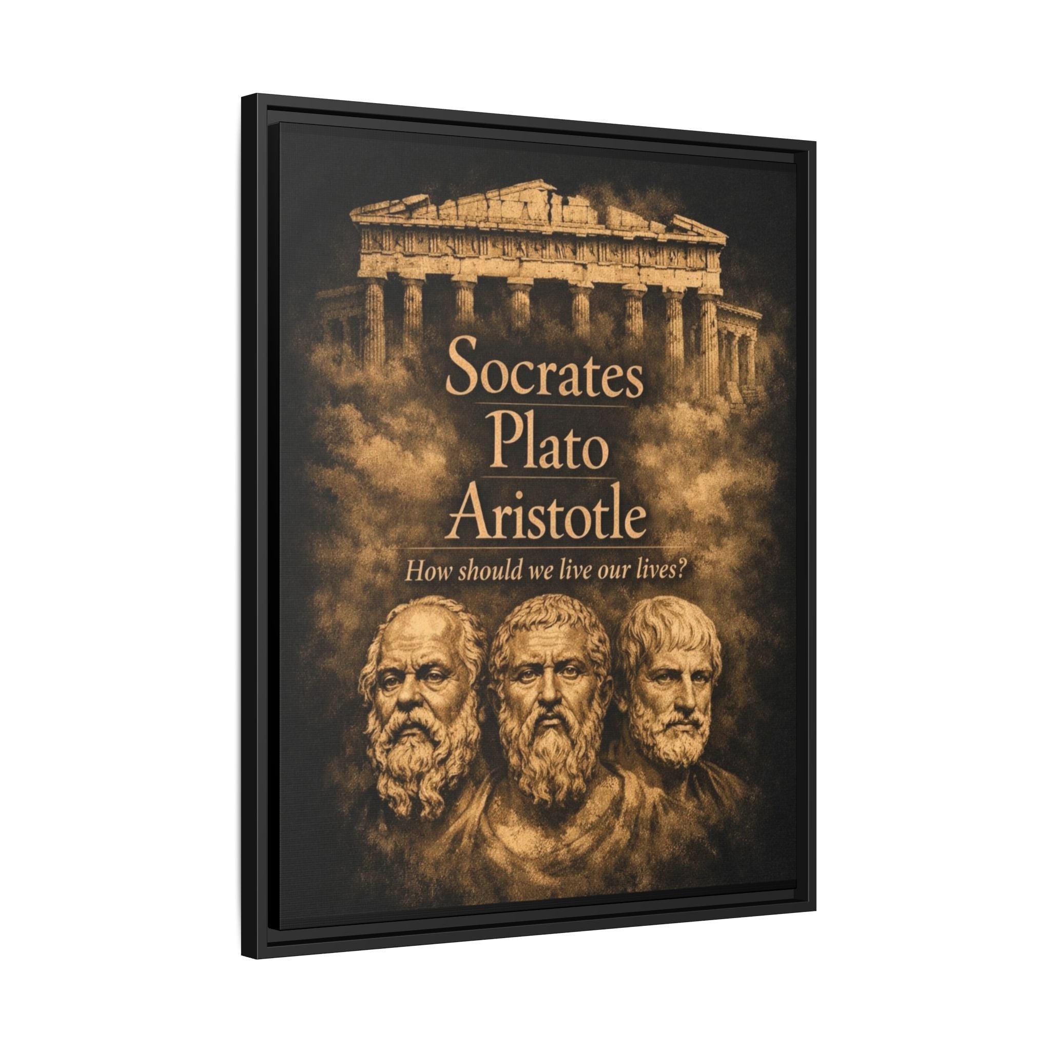 Framed artwork with images of Socrates, Plato, and Aristotle and text on a white background