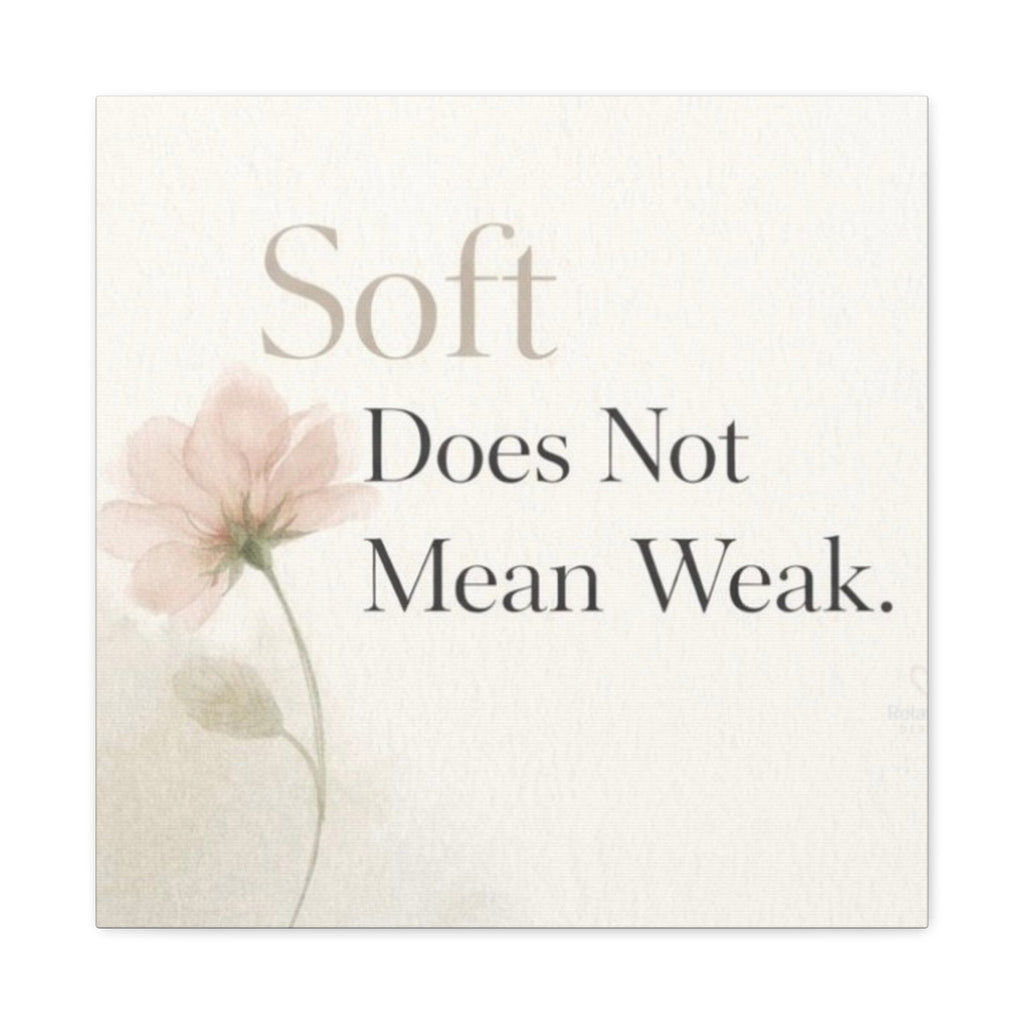 Minimalist typographic wall art reading “Soft Does Not Mean Weak” with soft floral accent in neutral tones by Relatable Designs