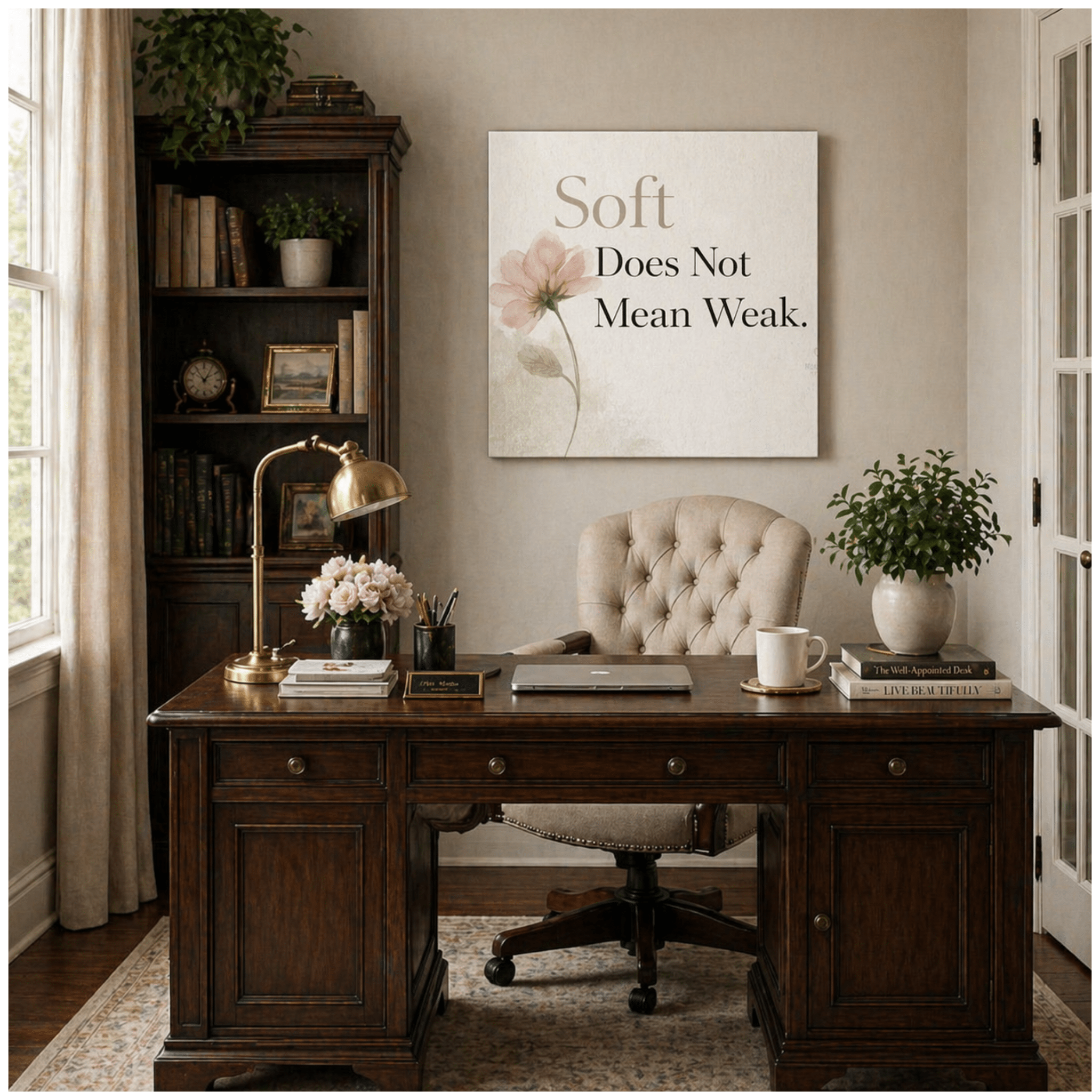 Minimalist affirmation wall art with text 'Soft Does Not Mean Weak' displayed in a calm home office with neutral decor