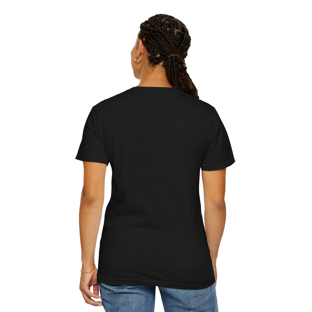 Back view of black tee with text Soft Does Not Mean Weak design