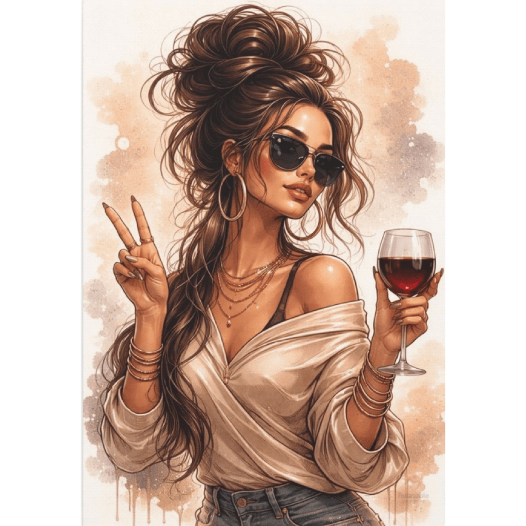 Illustration of confident woman with sunglasses holding wine glass giving the peace sign  in modern glam aesthetic wall art