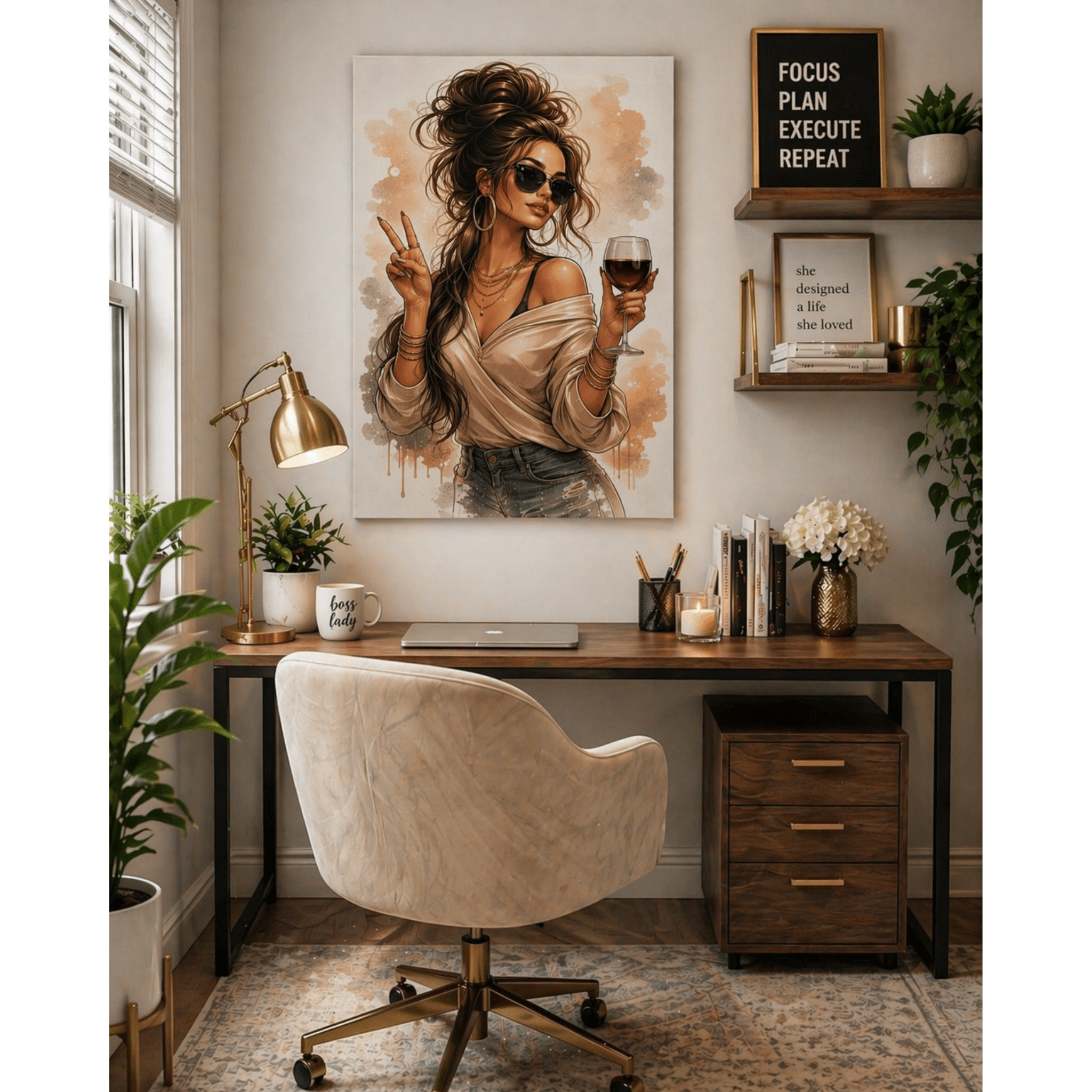 Soft life aesthetic wall art displayed in a modern home office with feminine decor styling
