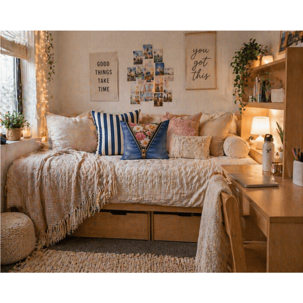 Blue decorative pillow with zipper floral design on a bed in a warm, inviting bedroom setting