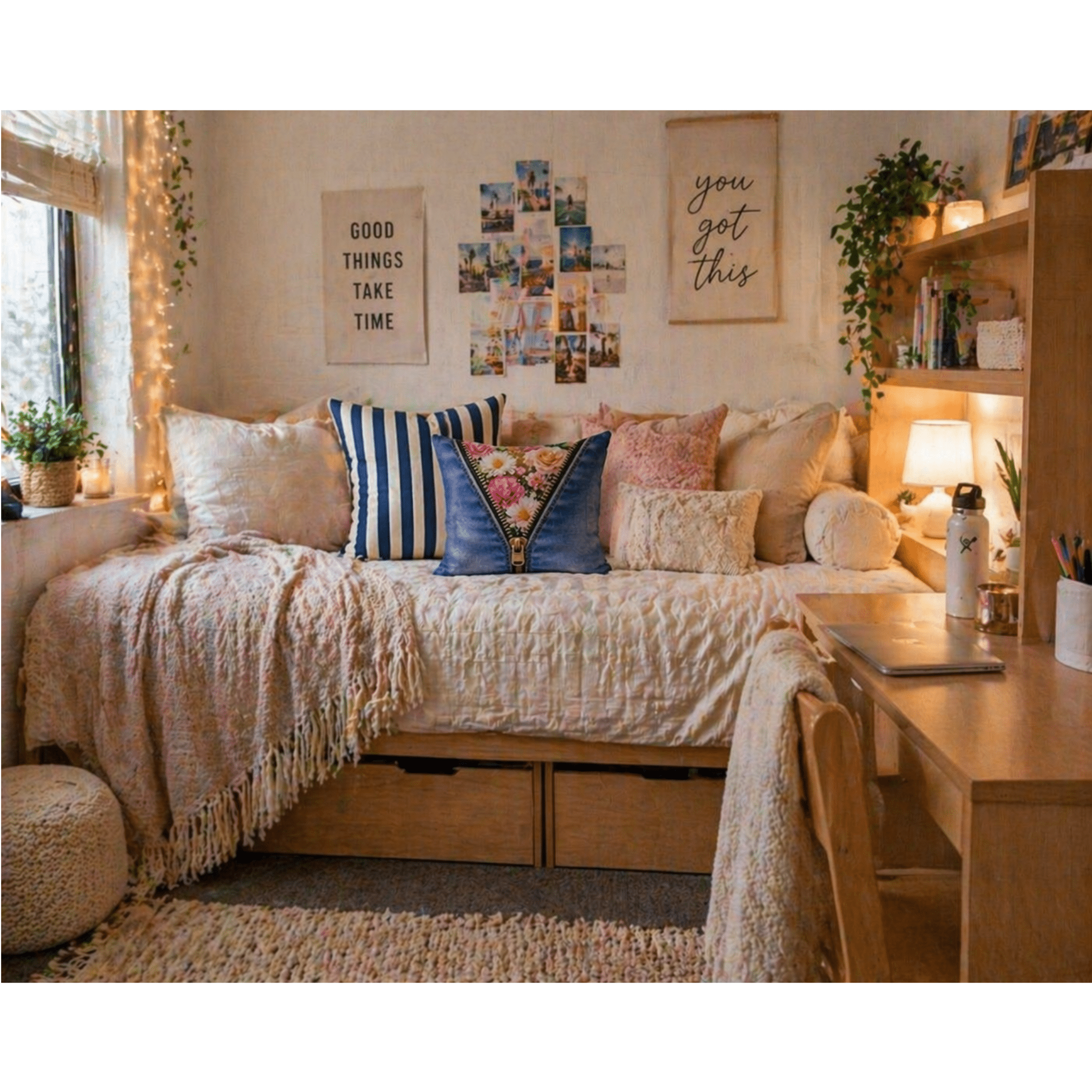 Blue decorative pillow with zipper floral design on a bed in a warm, inviting bedroom setting