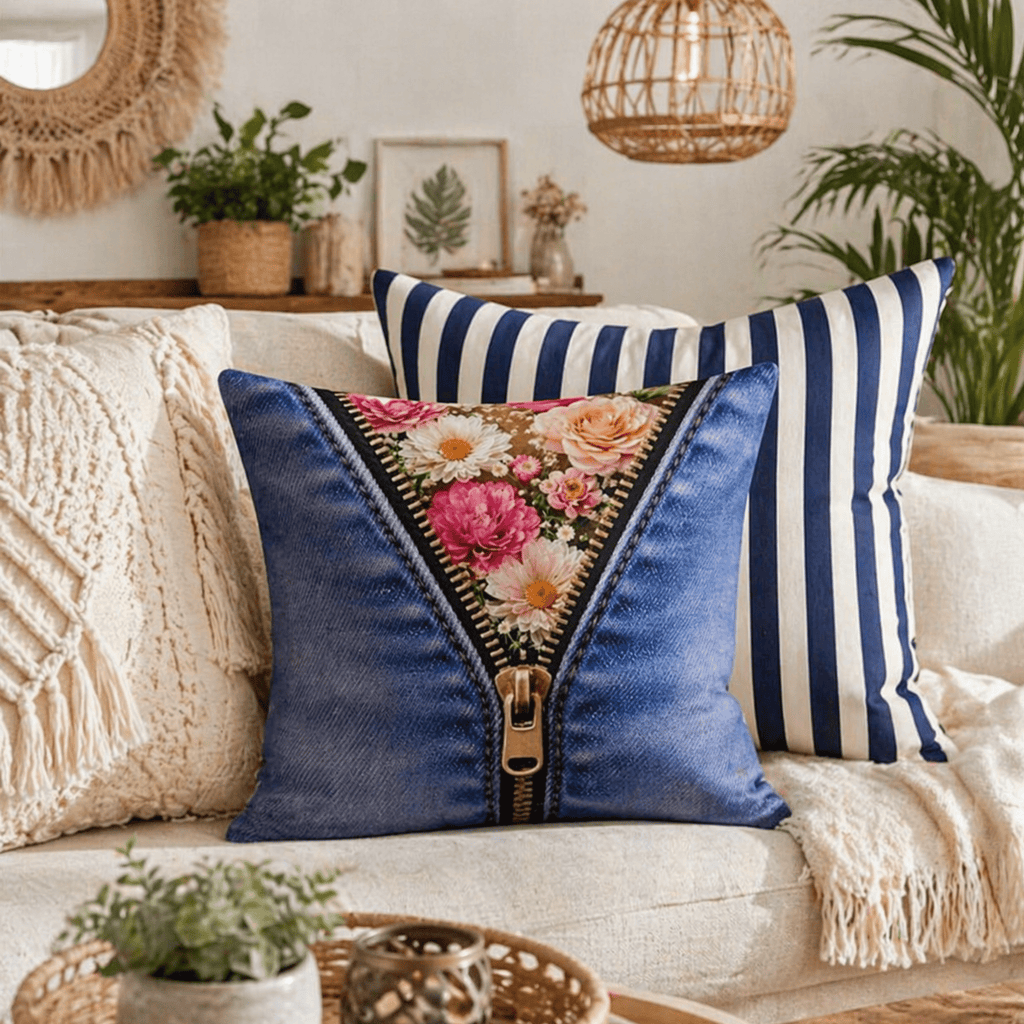Denim texture and floral zipper reveal detail on decorative throw pillow 