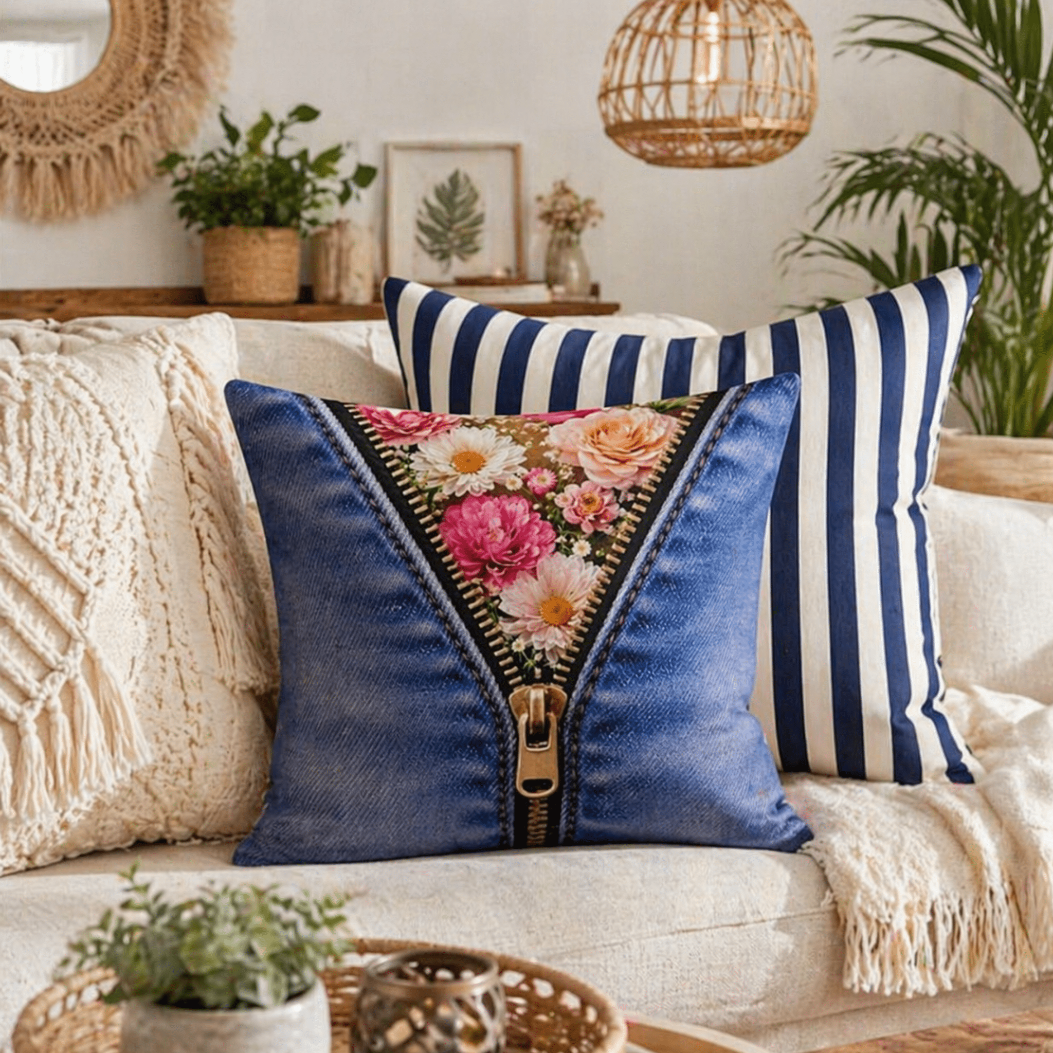 Denim texture and floral zipper reveal detail on decorative throw pillow 