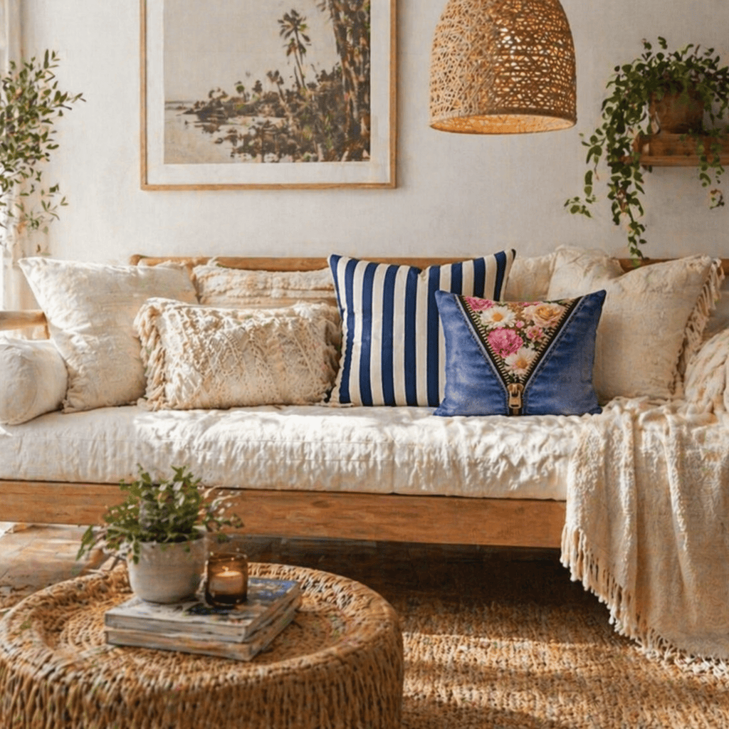 Blue and white stripe decorative pillow on a bed in a coastal-style bedroom