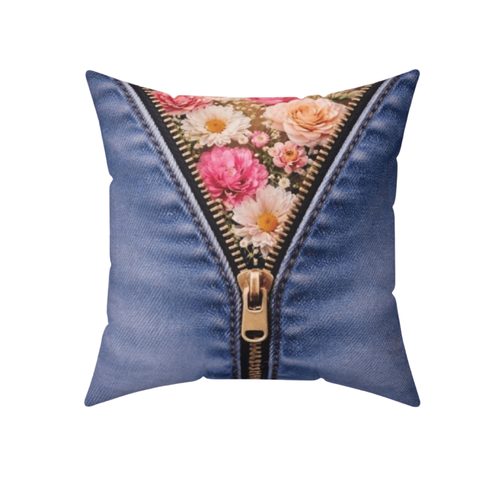 Decorative pillow with floral zipper detail on a white background by Relatable Designs