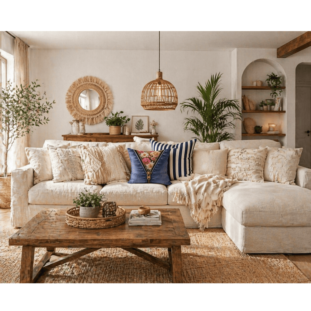Denim floral pillow styled on a neutral sofa in a cozy modern living room by Relatable Designs