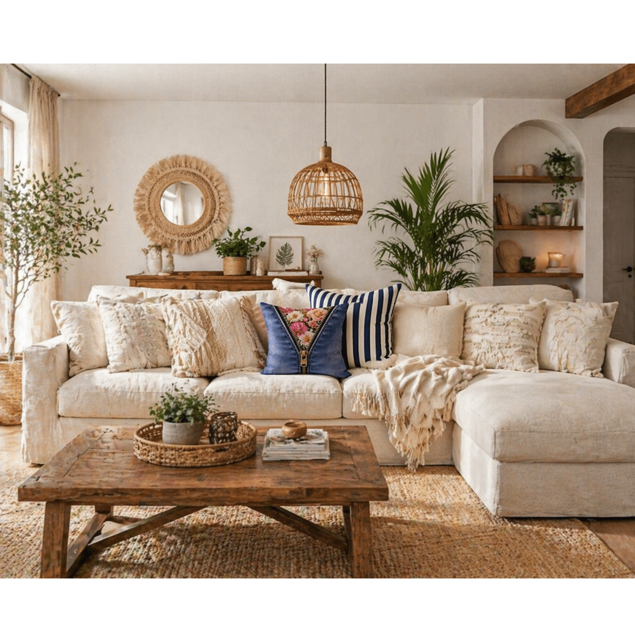 Denim floral pillow styled on a neutral sofa in a cozy modern living room by Relatable Designs