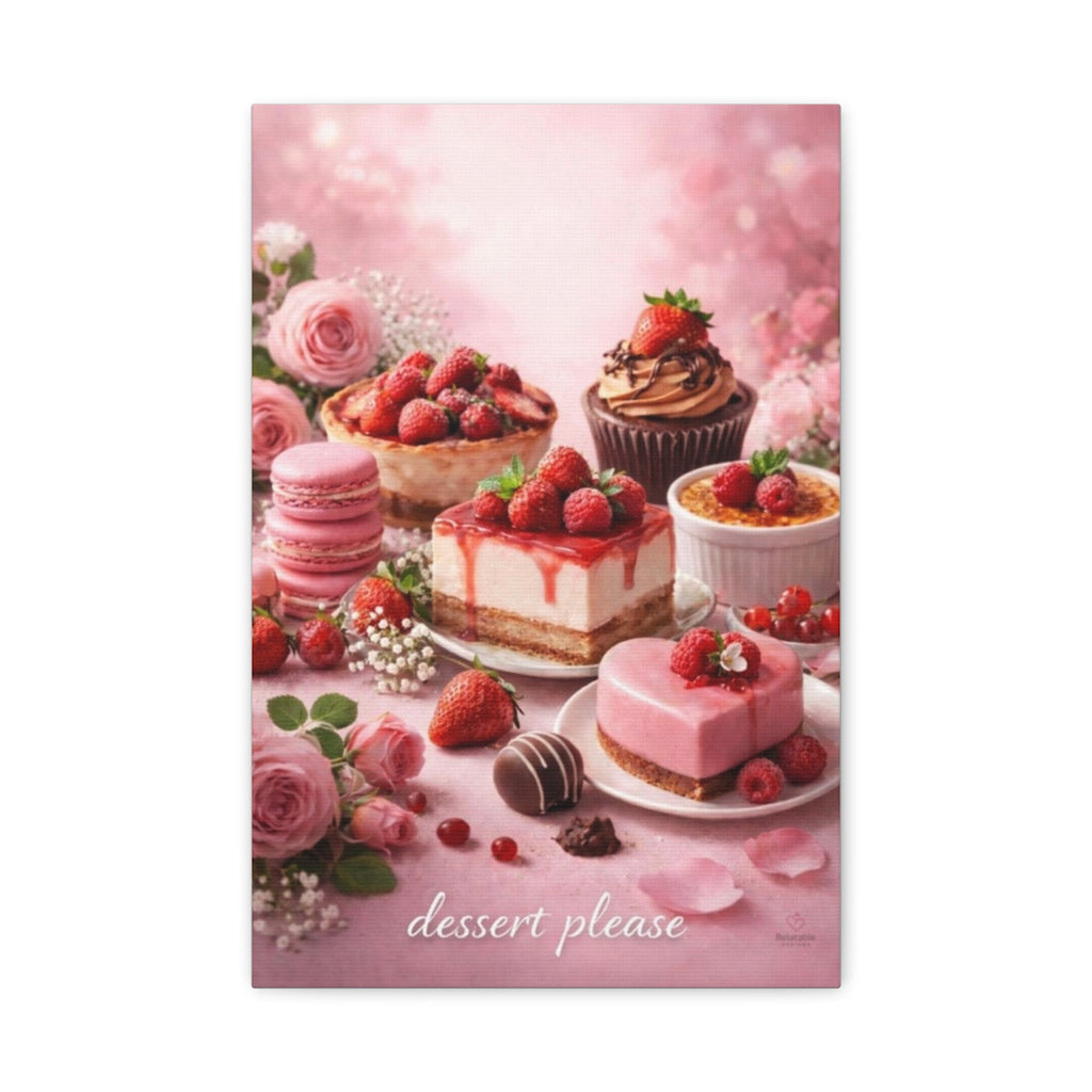 Assorted desserts including cakes, macaroons, and pastries on a pink background with flowers by Relatable Designs.