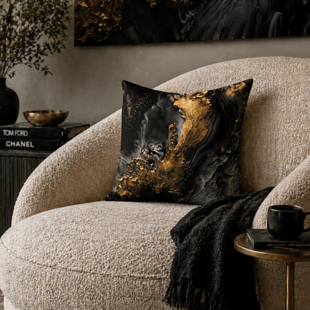 Decorative pillow with gold and black abstract design on a beige armchair.