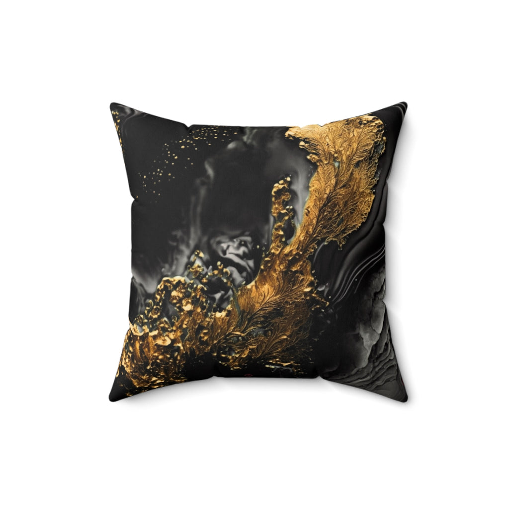 Black & Gold Abstract Accent Pillow featuring flowing gold details on deep black background by Relatable Designs.