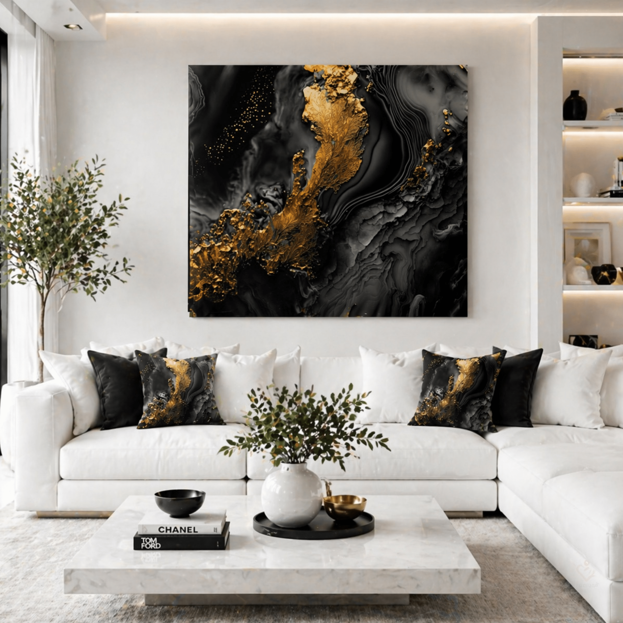Modern living room with white sofa, abstract art, and decorative black and gold abstract pillows