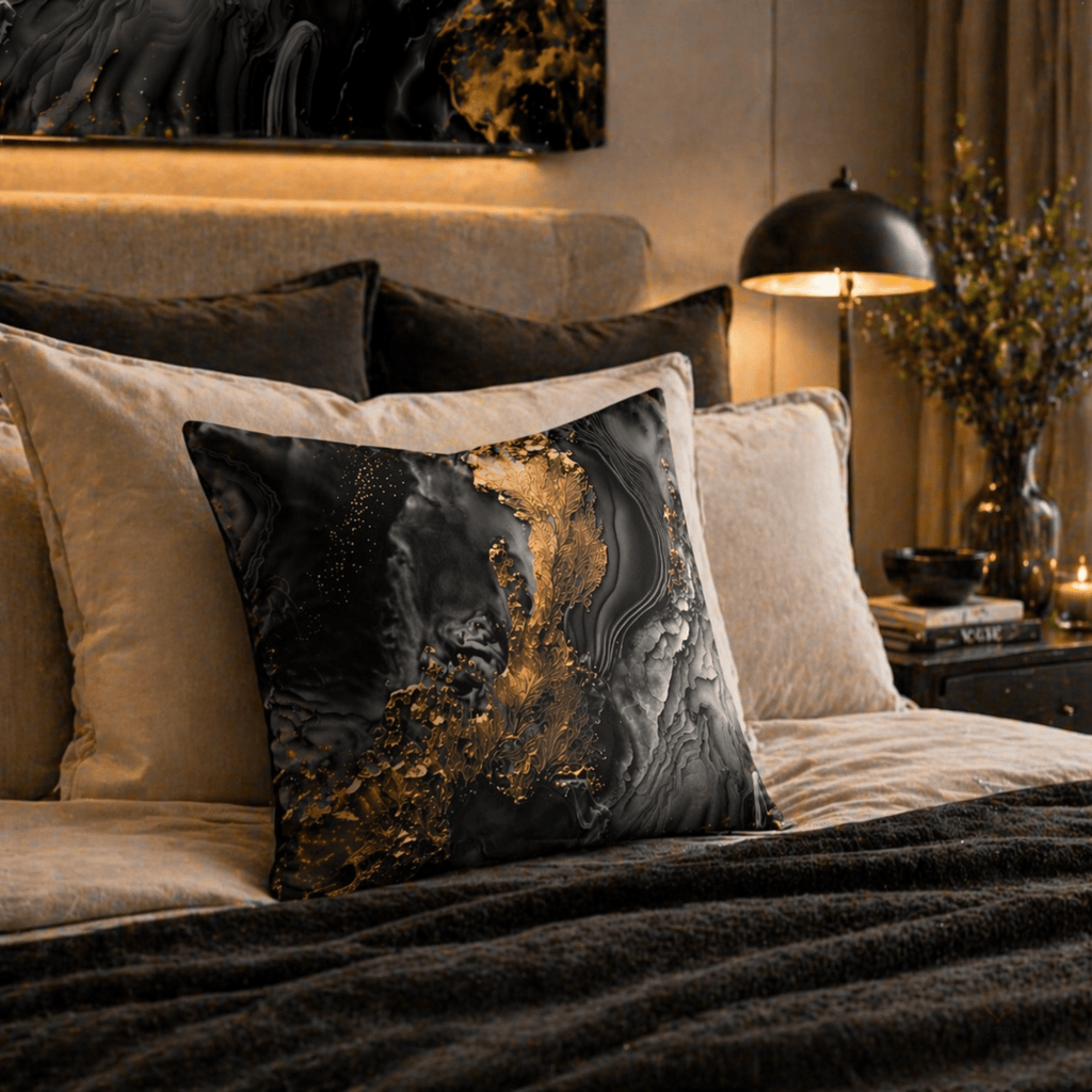 Decorative pillow with gold and black design on a bed in a stylish room.