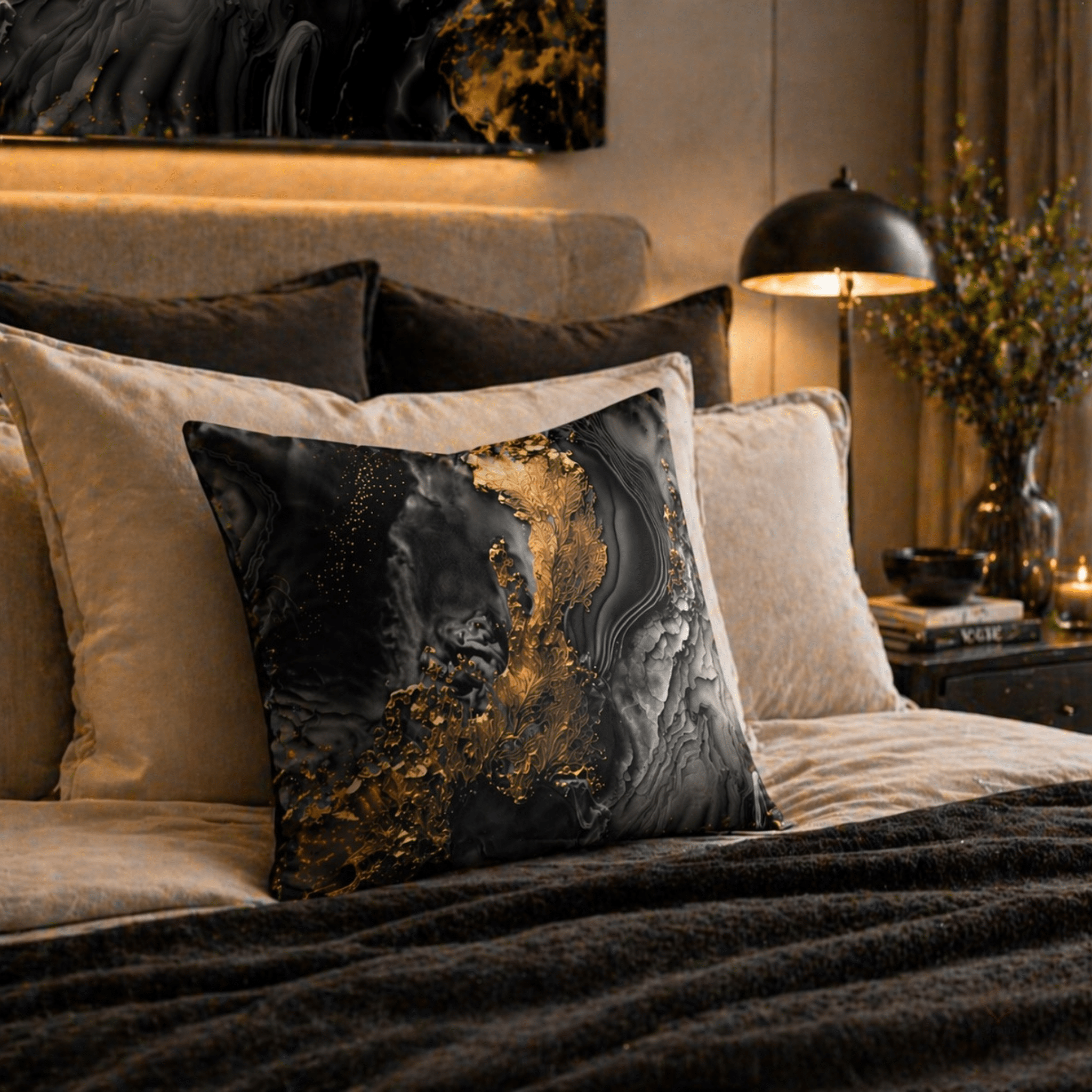 Decorative pillow with gold and black design on a bed in a stylish room.