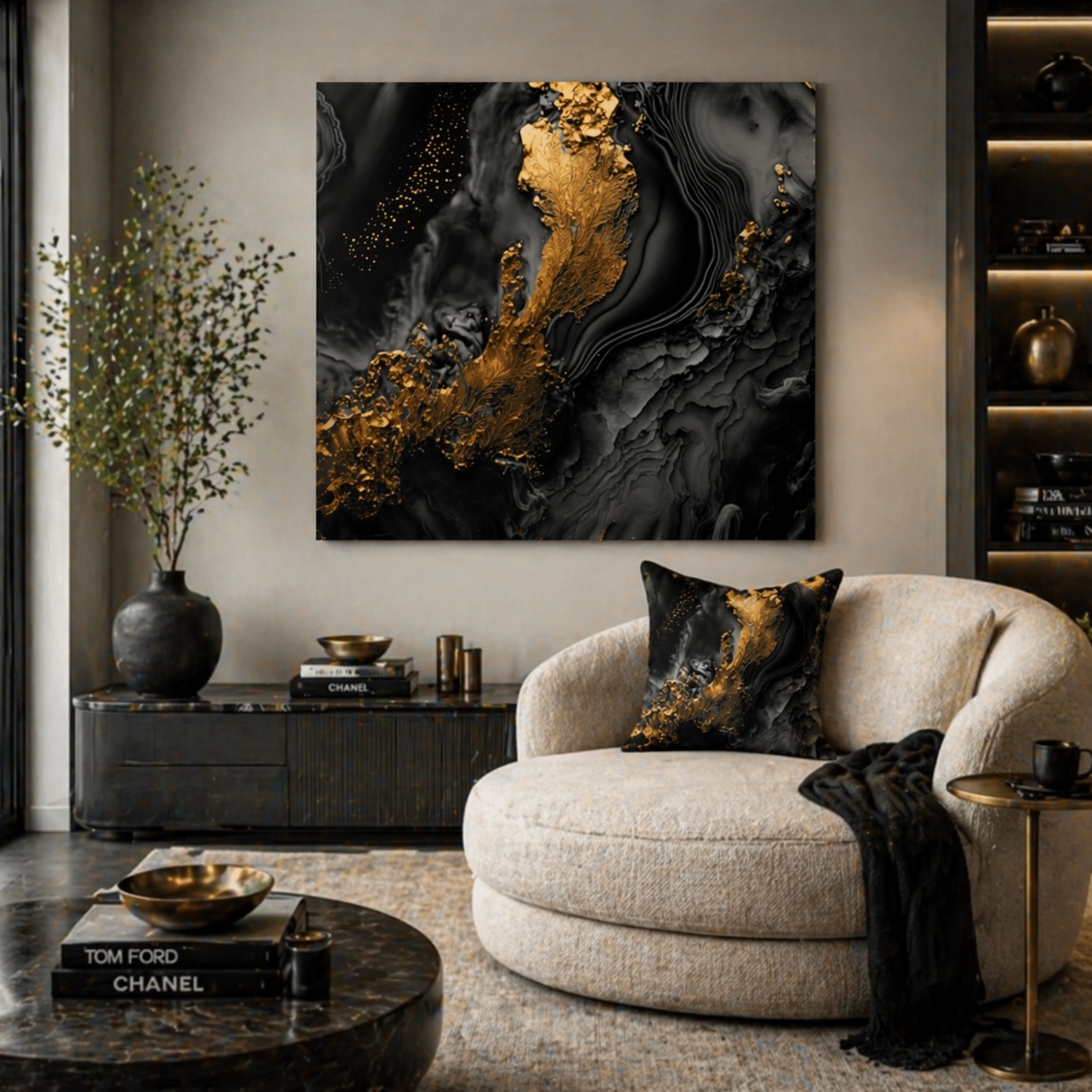 Modern living room with a beige armchair, abstract art, and decor items - Strong Luxury