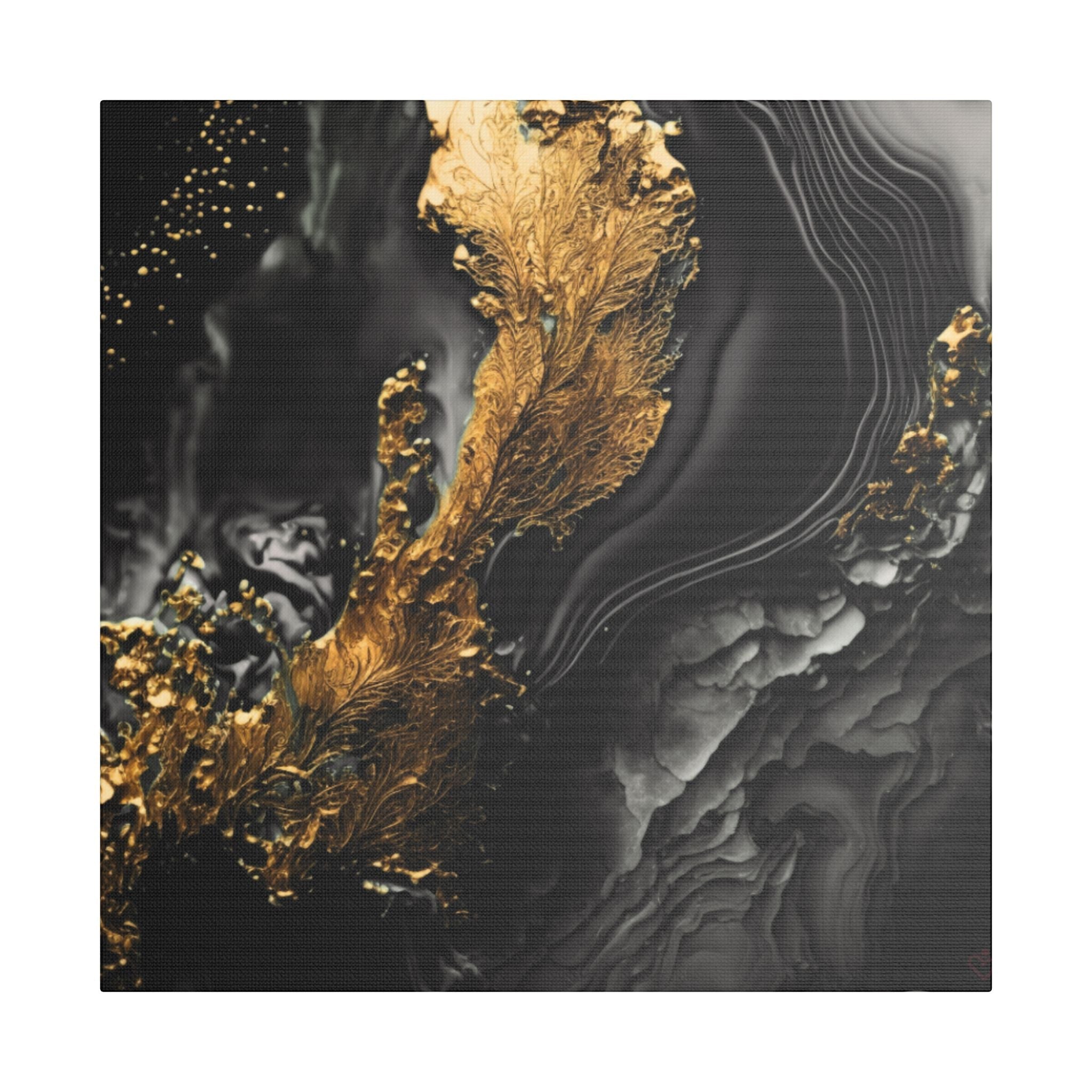 Black and gold abstract wall art on canvas with bold flowing design and luxury modern aesthetic