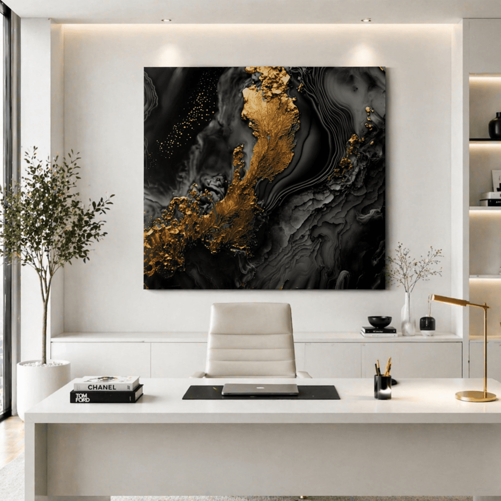 Modern office interior with a large abstract (Strong luxury) painting on the wall.