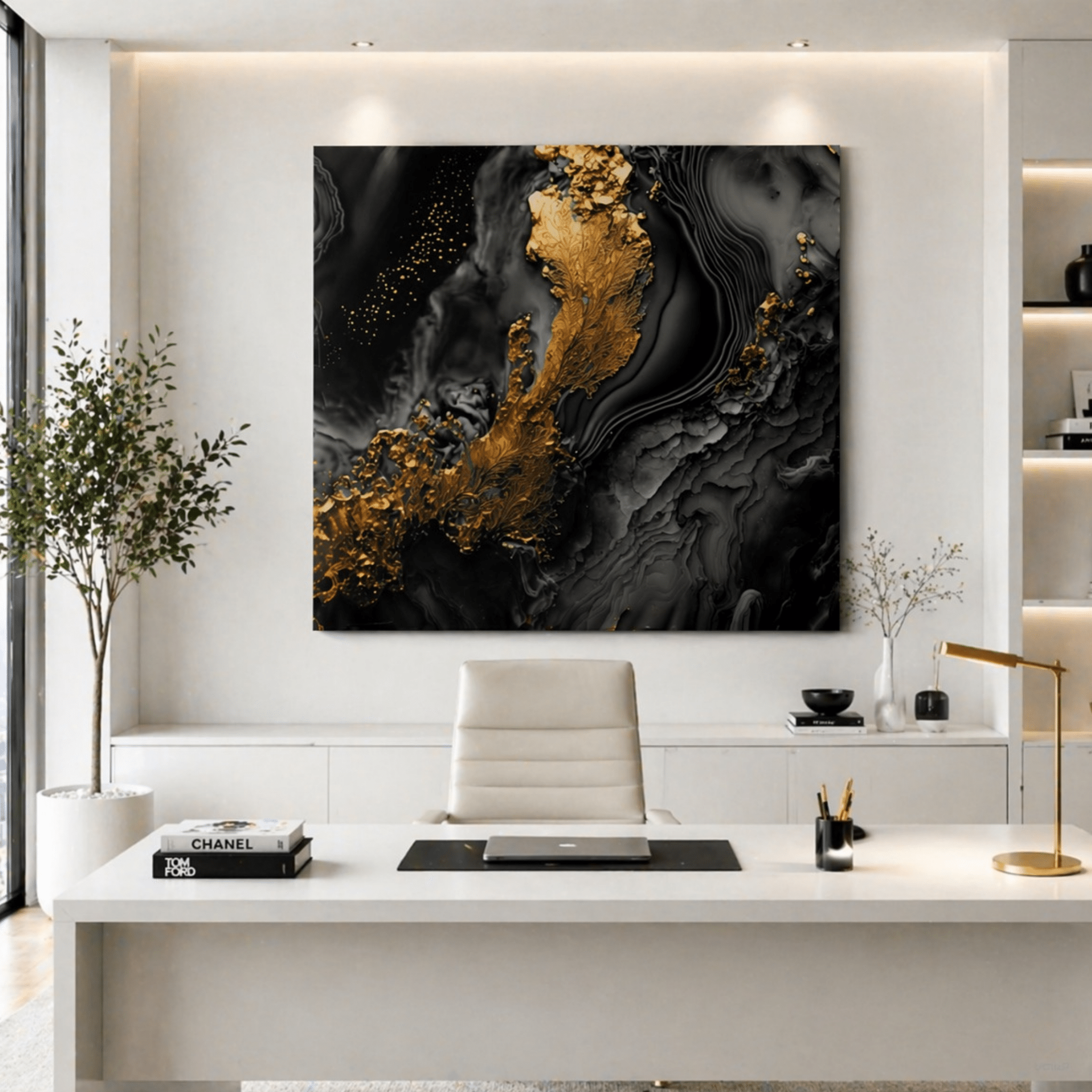 Modern office interior with a large abstract (Strong luxury) painting on the wall.