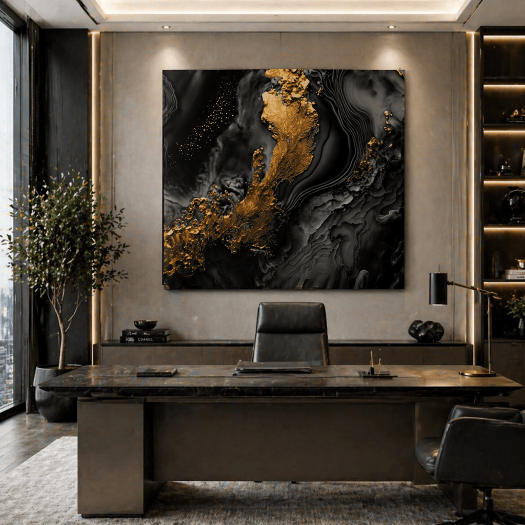 Modern office interior with a large abstract painting (Strong Luxury - Black & Gold) on the wall, a desk, and chairs.
