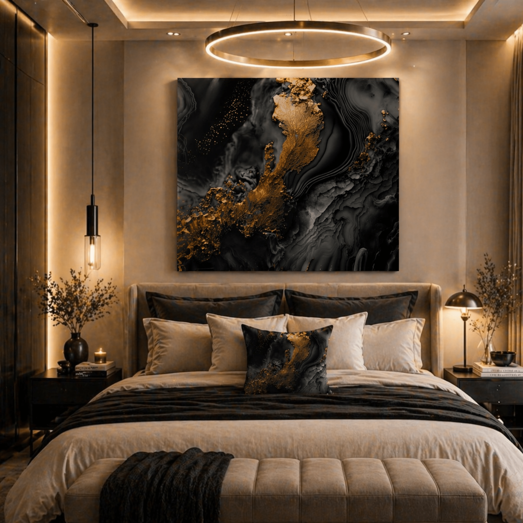Luxury abstract wall art in black and gold tones styled in a contemporary bedroom interior