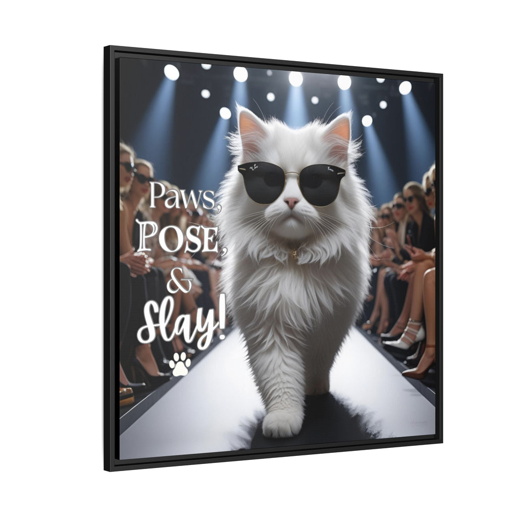 White cat wearing sunglasses on a fashion show runway with 'Paws, Pose, & Slay!' text.