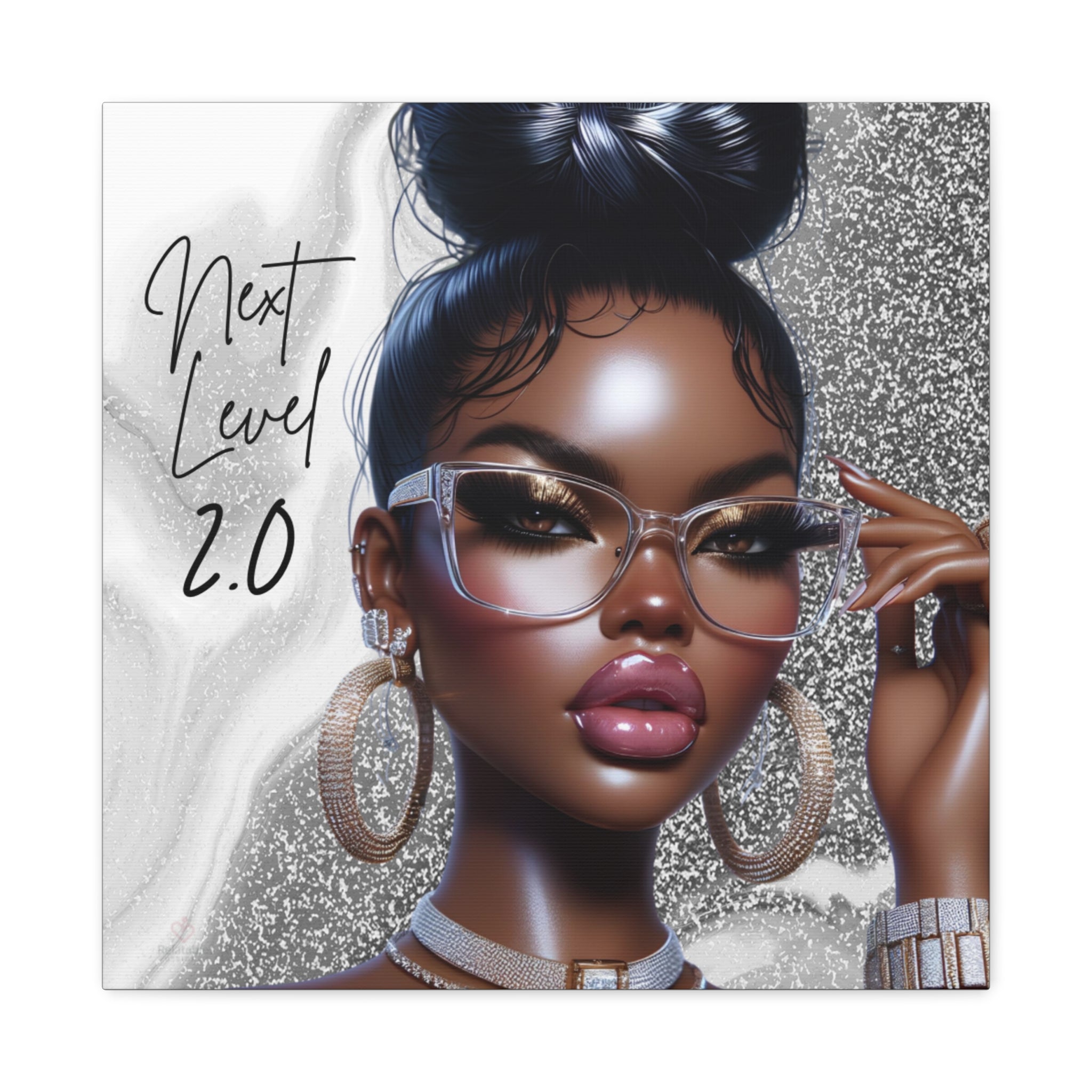 Illustration of a woman wearing glasses with 'Next Level 2.0' text on a glittery background by Relatable Designs.