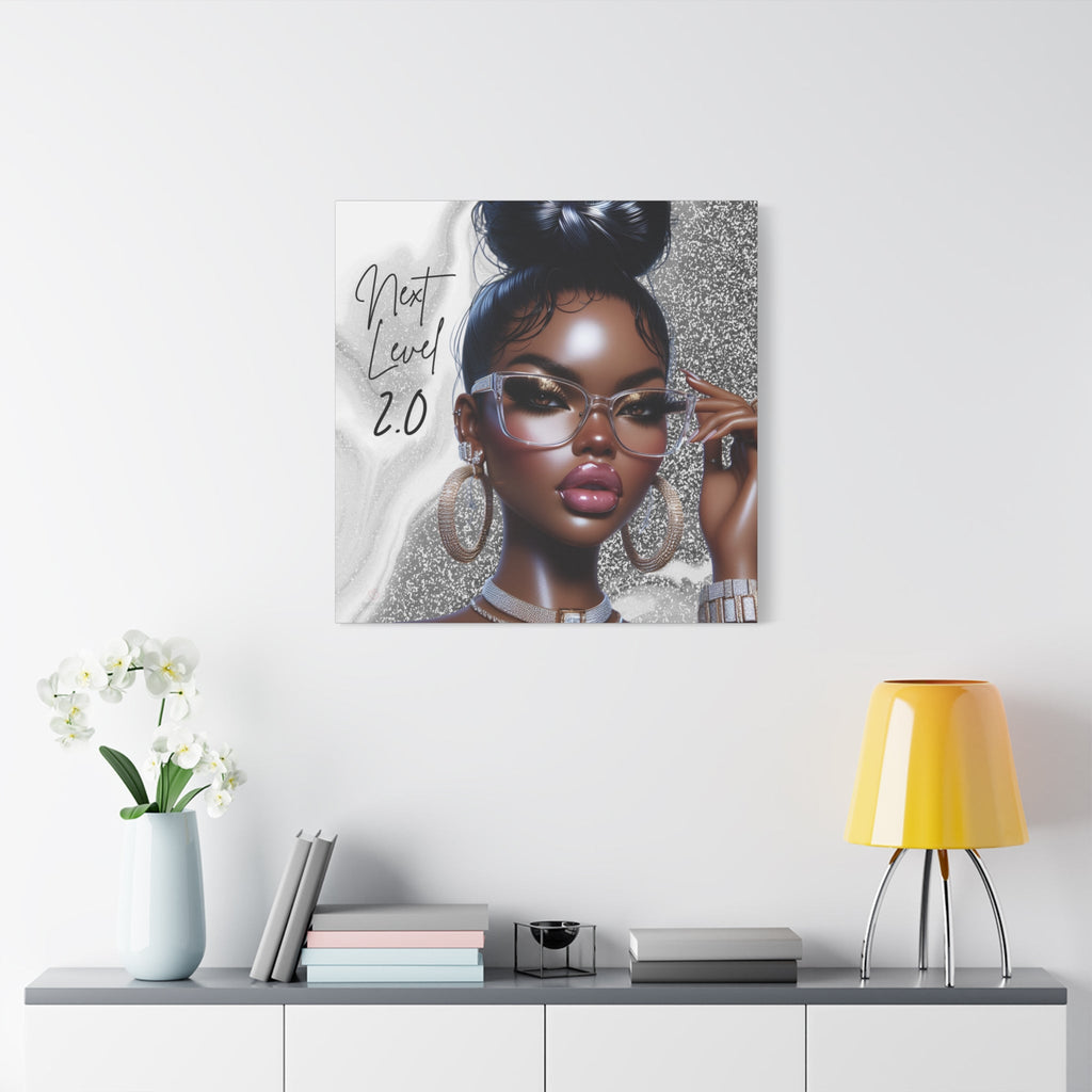 Canvas wall decor of a woman with stylish hair and eyeglasses with text on a wall above a shelf with decor items.