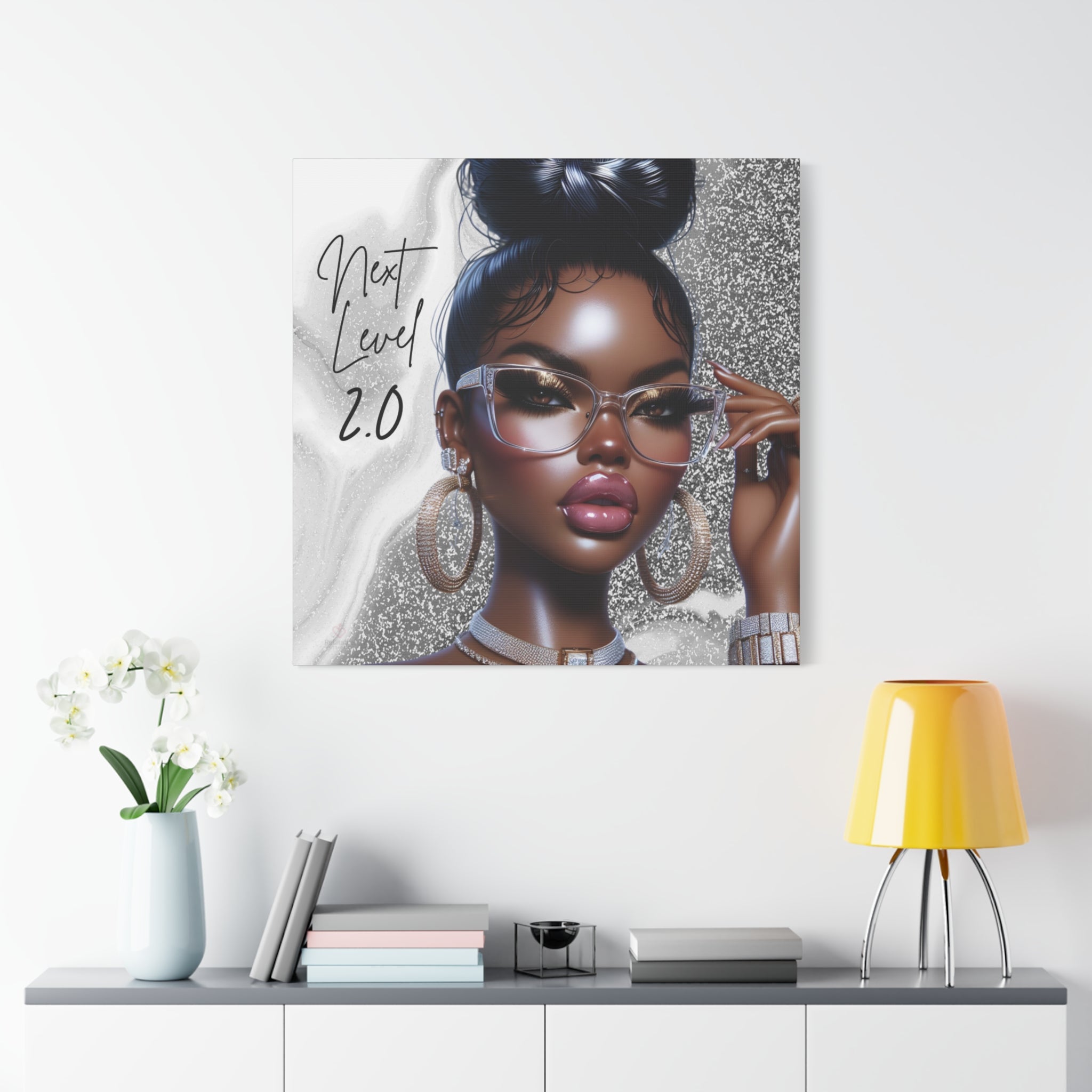 Chic canvas wall art of a stylish woman with text 'Next Level 2.0' on a wall above a shelf.