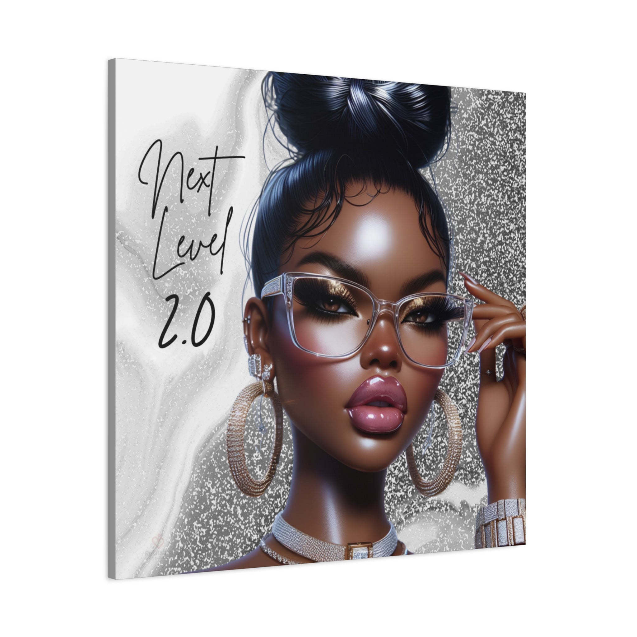 Canvas print of a stylized woman with glasses and jewelry, featuring the text 'Next Level 2.0' - Side View. 