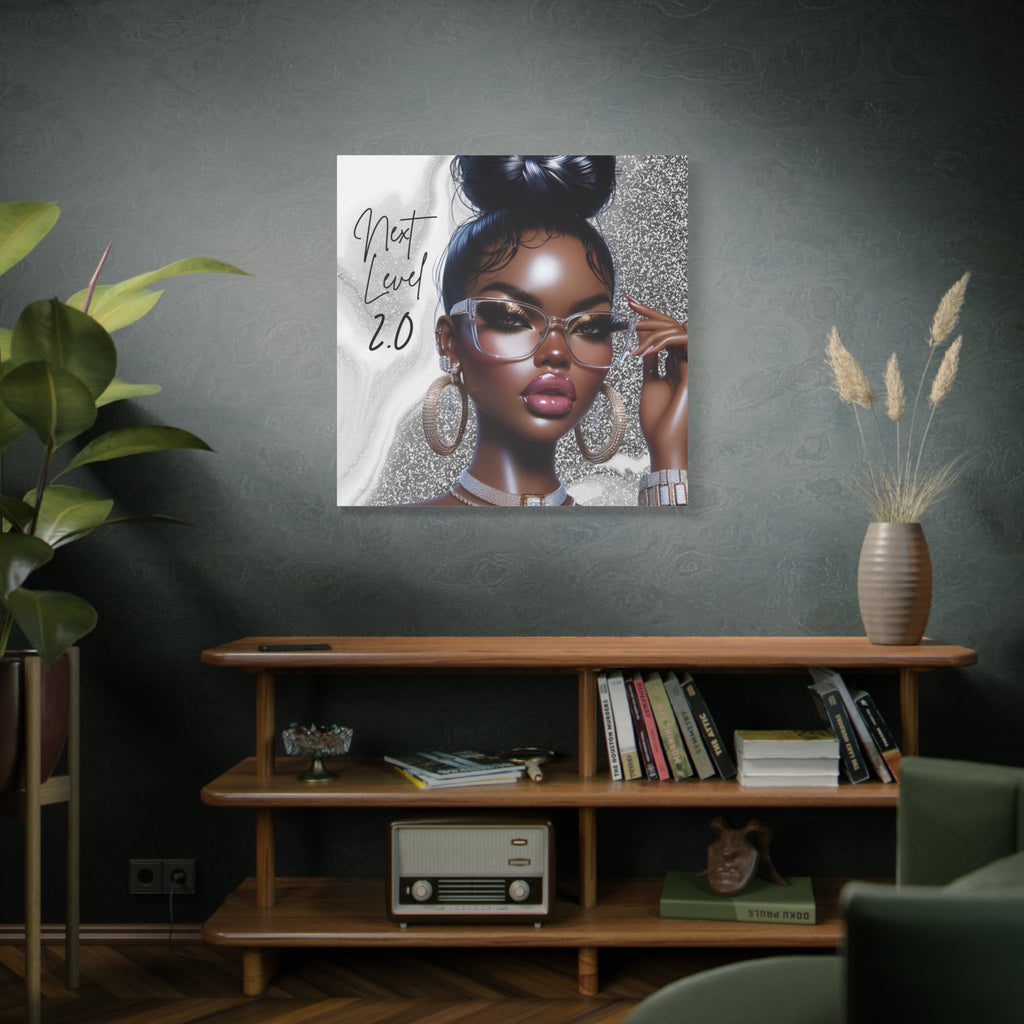 Canvas print of a stylized portrait of woman wearing glasses on a wall above a wooden shelf with books and decor.
