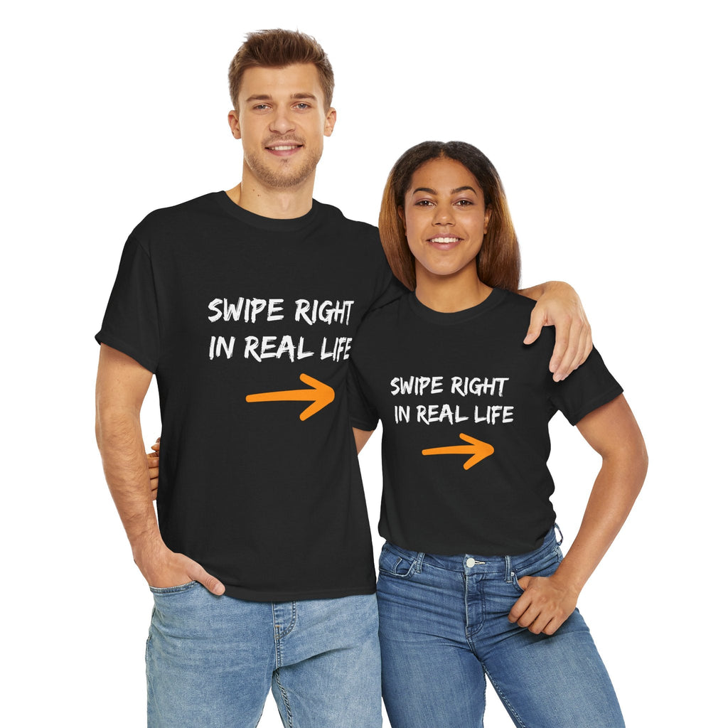 A man and woman wearing black t-shirts with 'Swipe Right in Real Life' text and an arrow.
